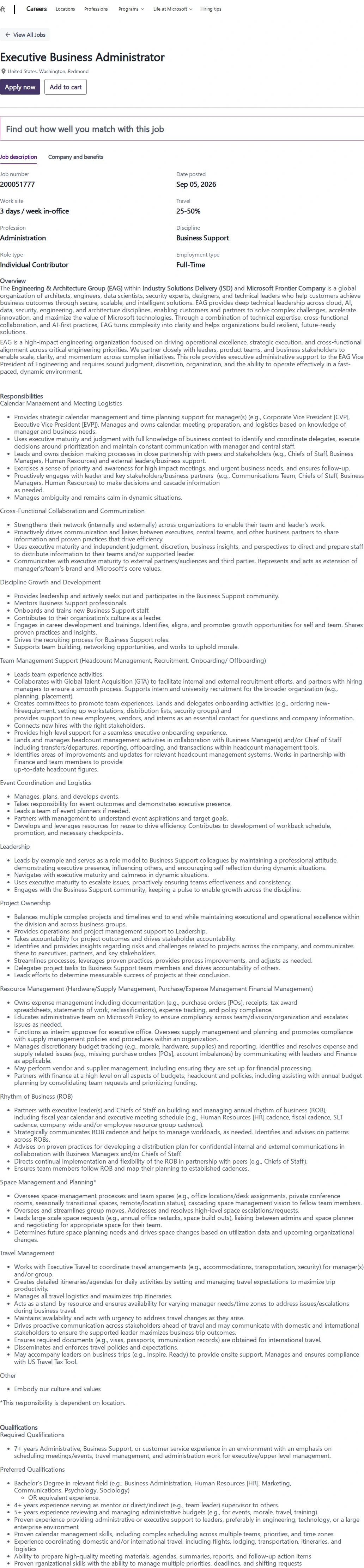 마이크로소프트(Microsoft) Executive Business Administrator 채용공고