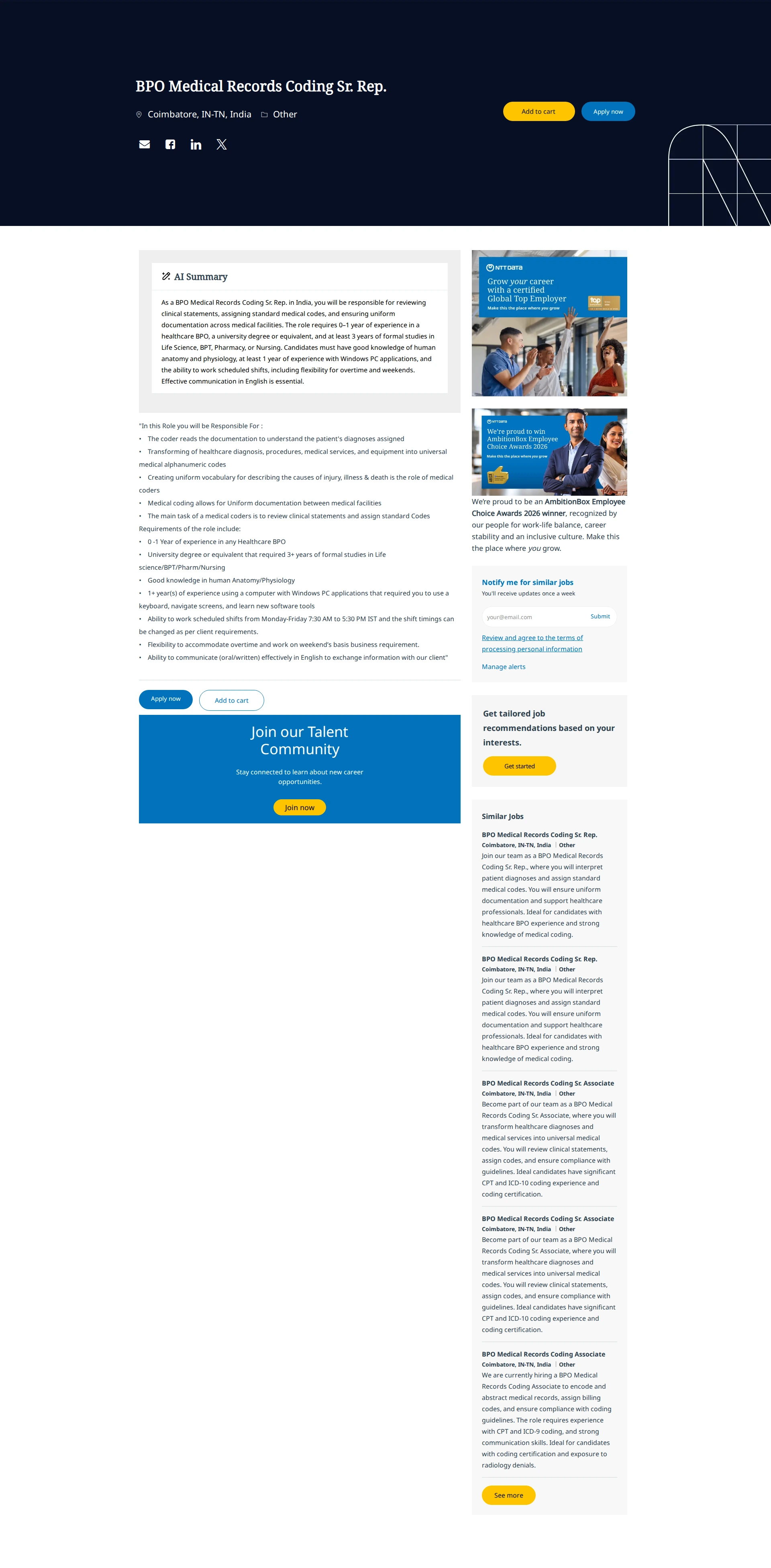 NTT데이터 BPO Medical Records Coding Sr. Rep. 채용공고