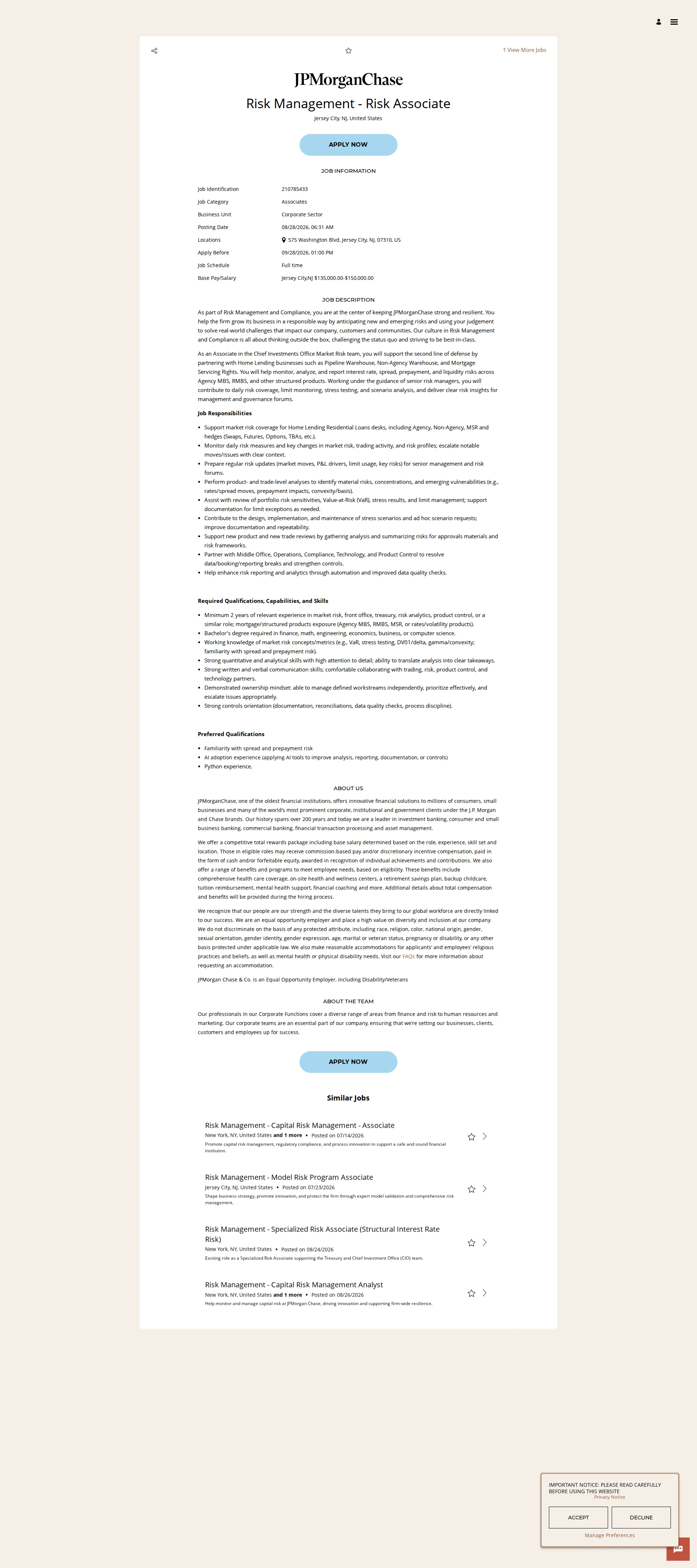 JPMorganChase Risk Management - Risk Associate 채용공고