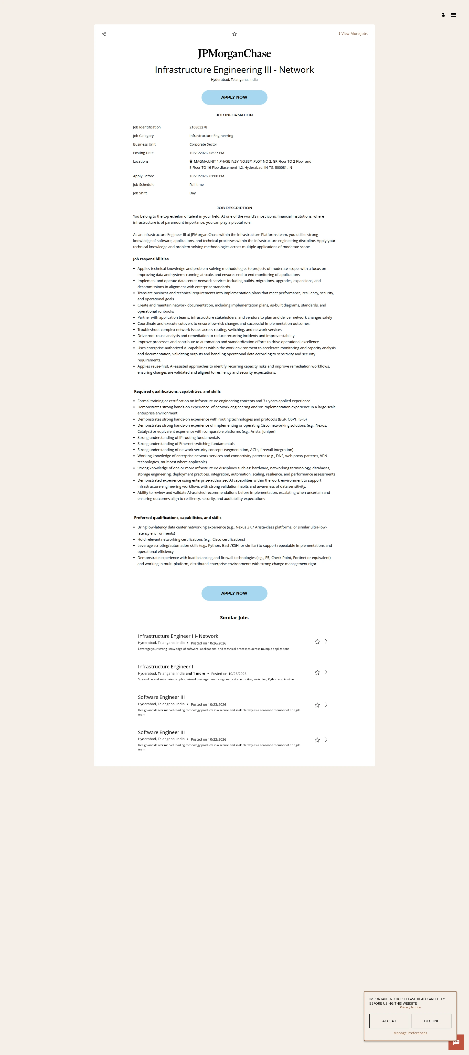 JPMorganChase Infrastructure Engineering III - Network 채용공고