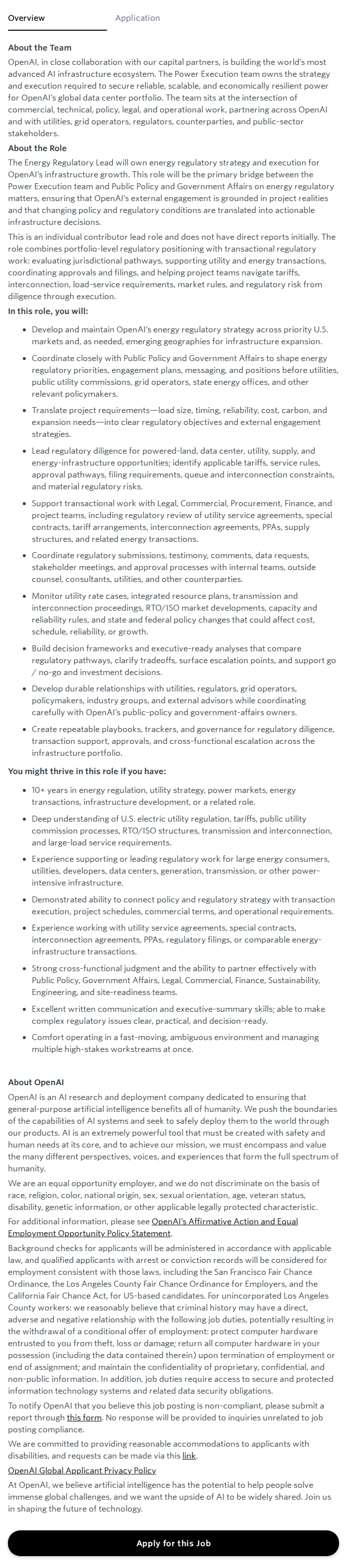 오픈에이아이(OpenAI) Energy Regulatory Lead 채용공고