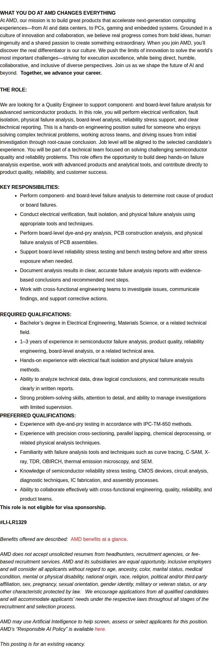 AMD Failure Analysis and Reliability Engineer 채용공고