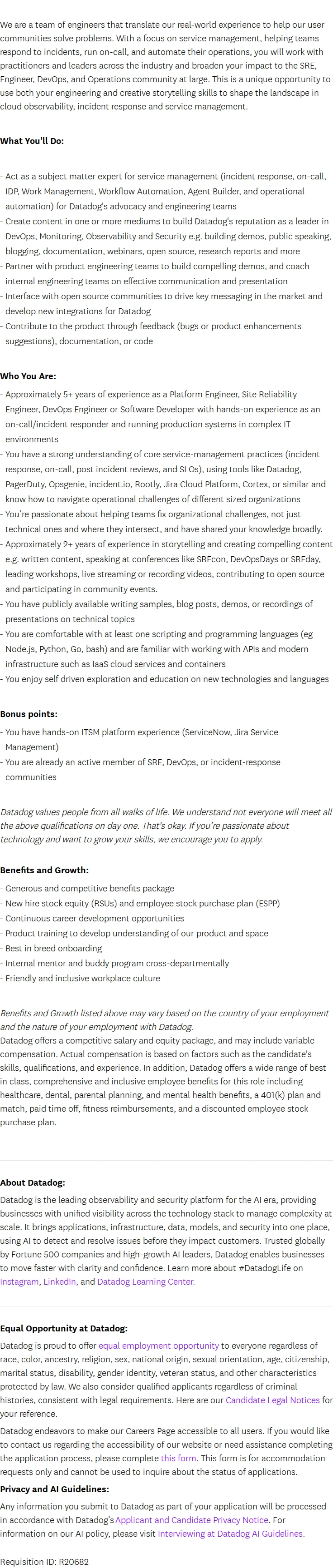데이터독 Developer Advocate - Service Management 채용공고
