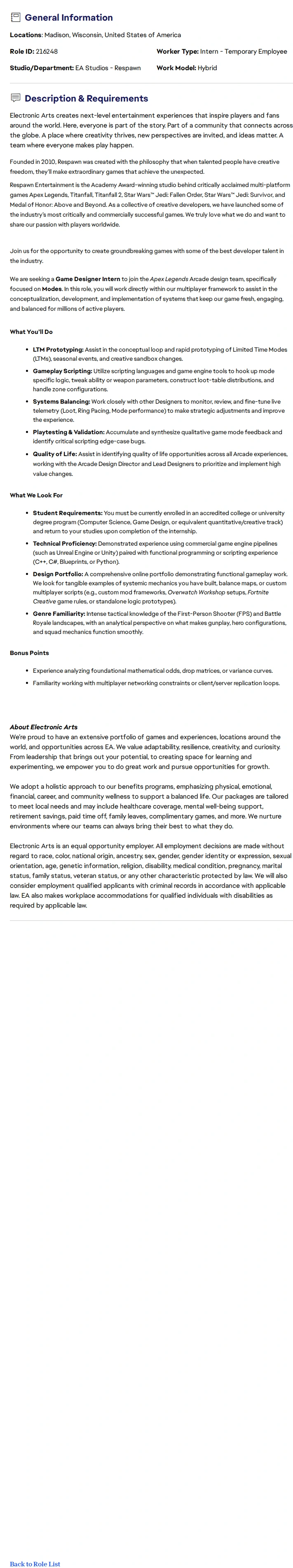 ElectronicArts Game Designer Intern - Summer 2027 (Apex Legends) 채용공고