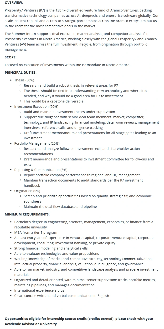 Aramco Americas Company Venture Capital - Graduate Internship Summer 2027 채용공고