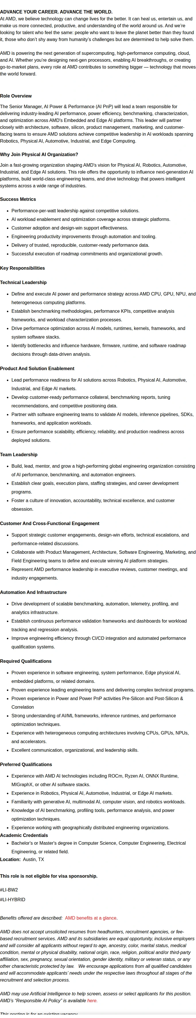 AMD Senior Manager, AI Power & Performance Engineering 채용공고