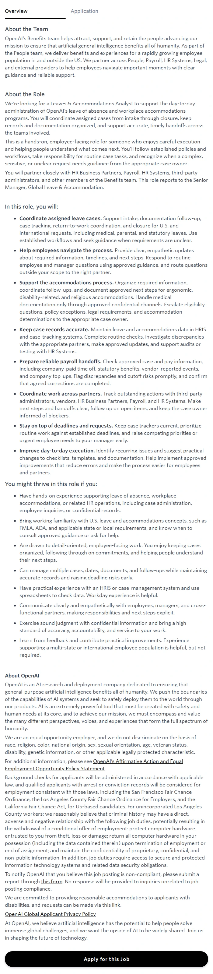 오픈에이아이(OpenAI) Global Leaves and Accommodations Analyst 채용공고