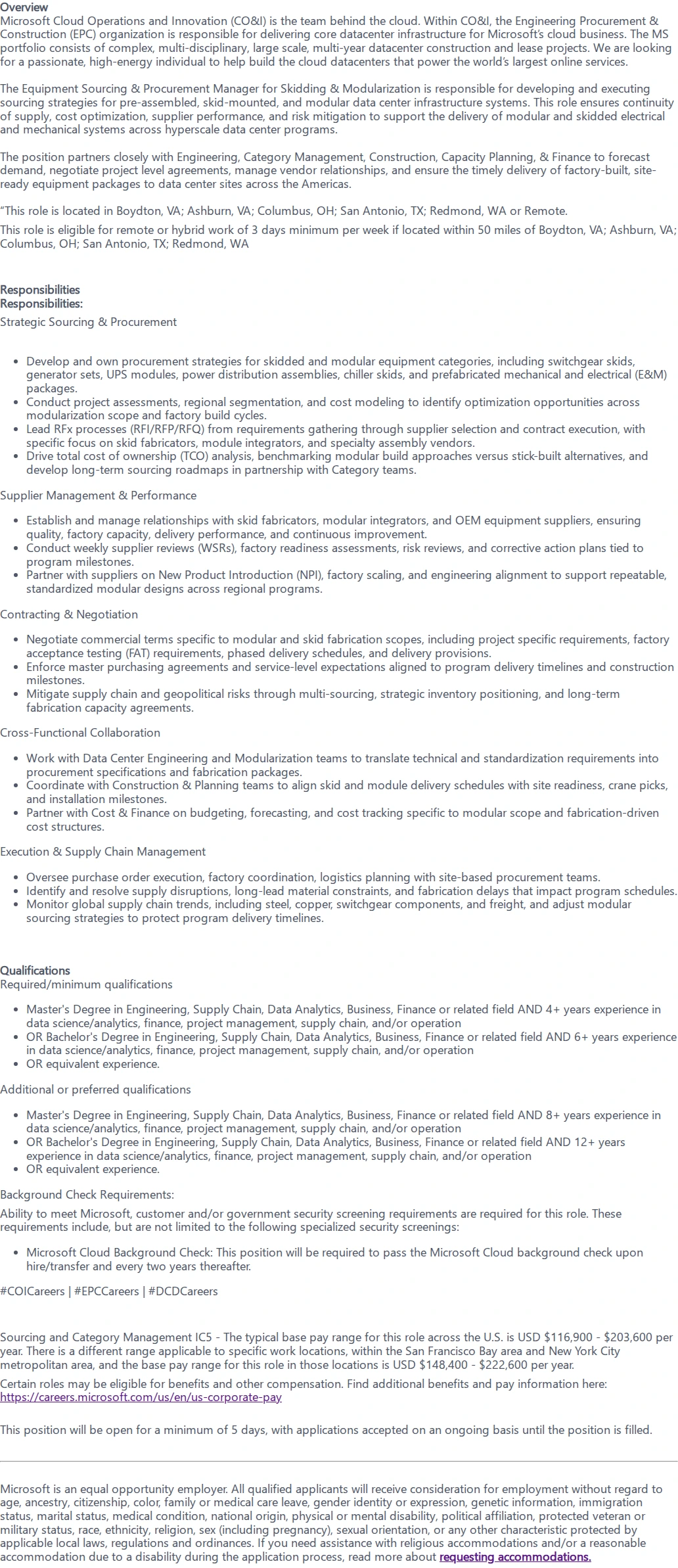 마이크로소프트(Microsoft) Sr. Procurement Manager Skidding & Modularization 채용공고