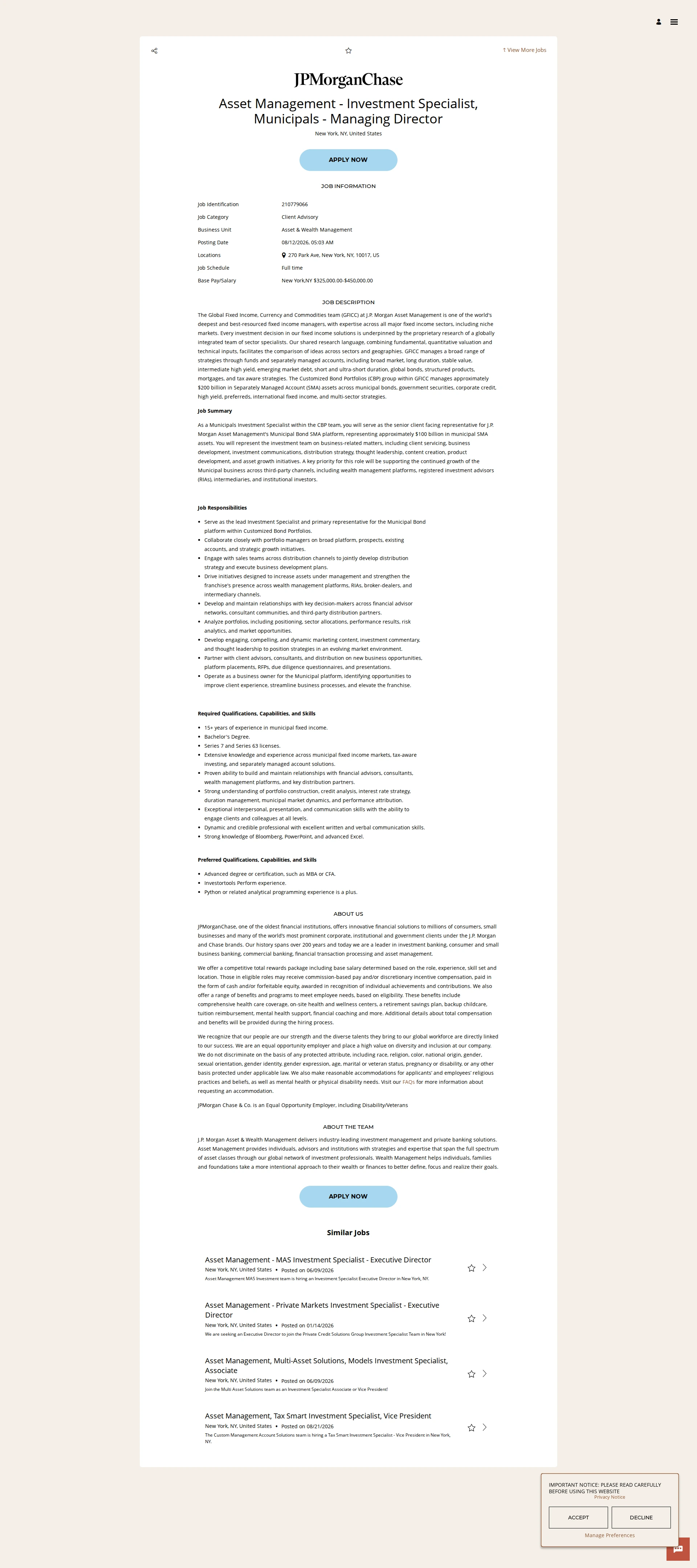 JPMorganChase Asset Management - Investment Specialist, Municipals - Managing Director 채용공고
