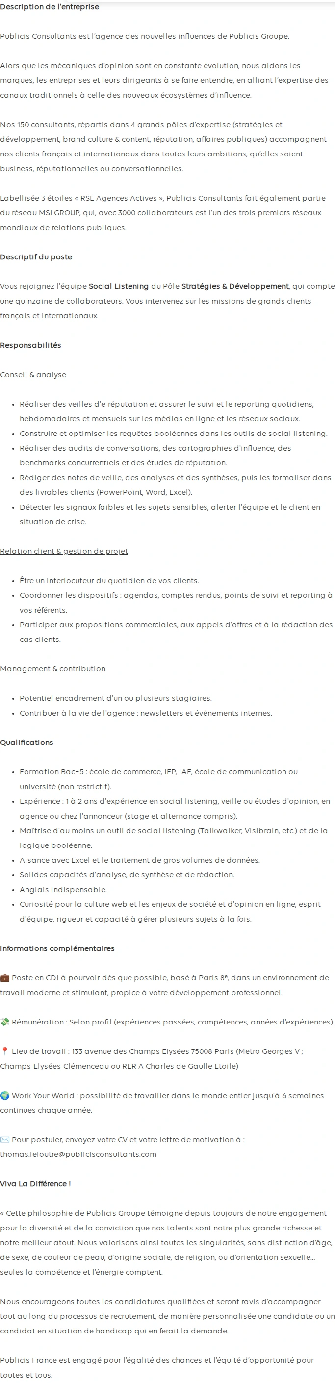 Publicis Groupe Consultant(e) Social Listening (F/H) 채용공고