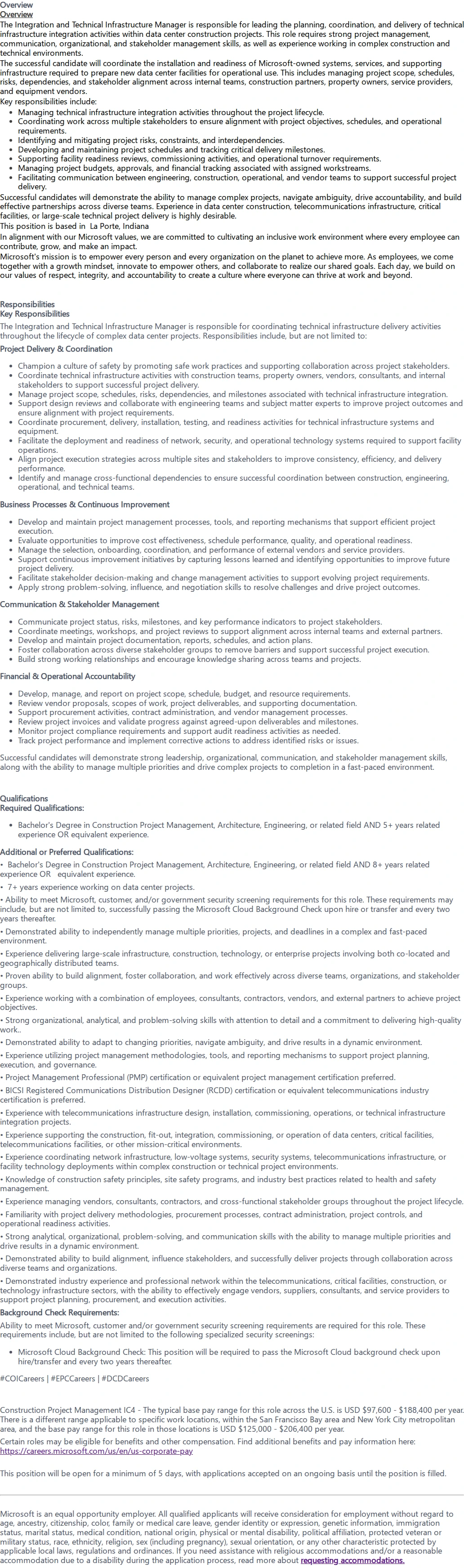 마이크로소프트(Microsoft) Integration and Technical Infrastructure Manager 채용공고