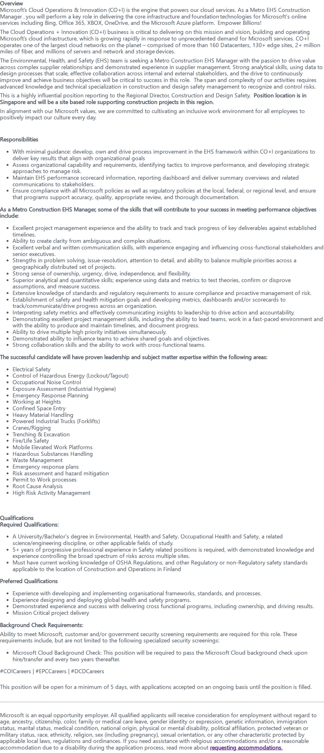 마이크로소프트(Microsoft) Metro EHS Construction Manager 채용공고