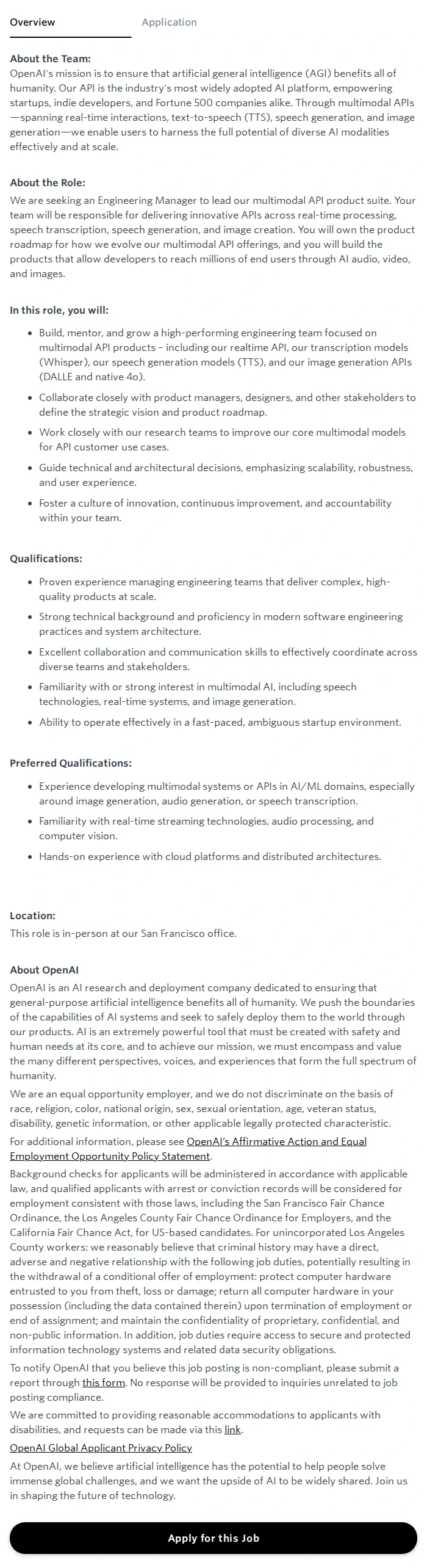 오픈에이아이(OpenAI) Engineering Manager, Multimodal (API) 채용공고