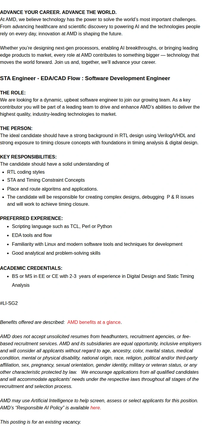 AMD STA Engineer - EDA/CAD Flow : Software Development Engineer 채용공고