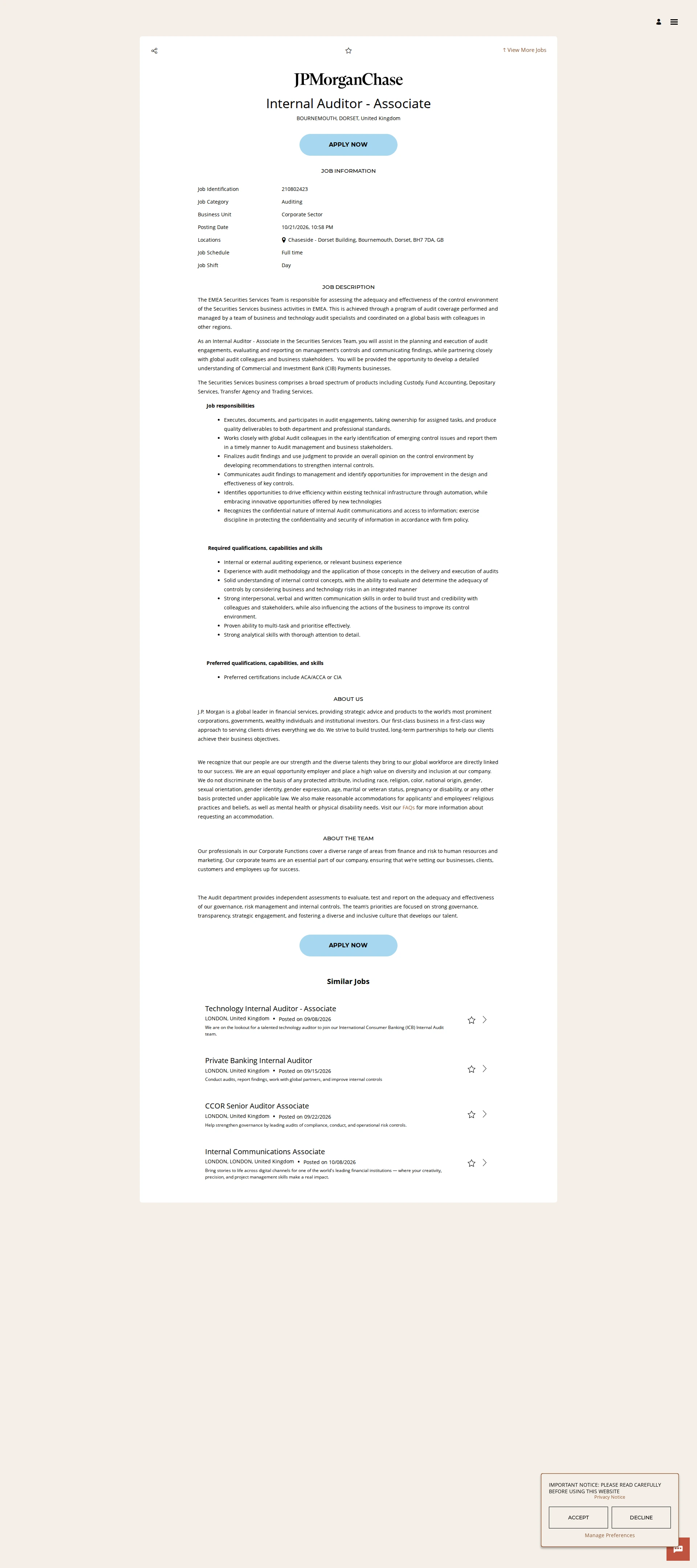 JPMorganChase Internal Auditor - Associate 채용공고