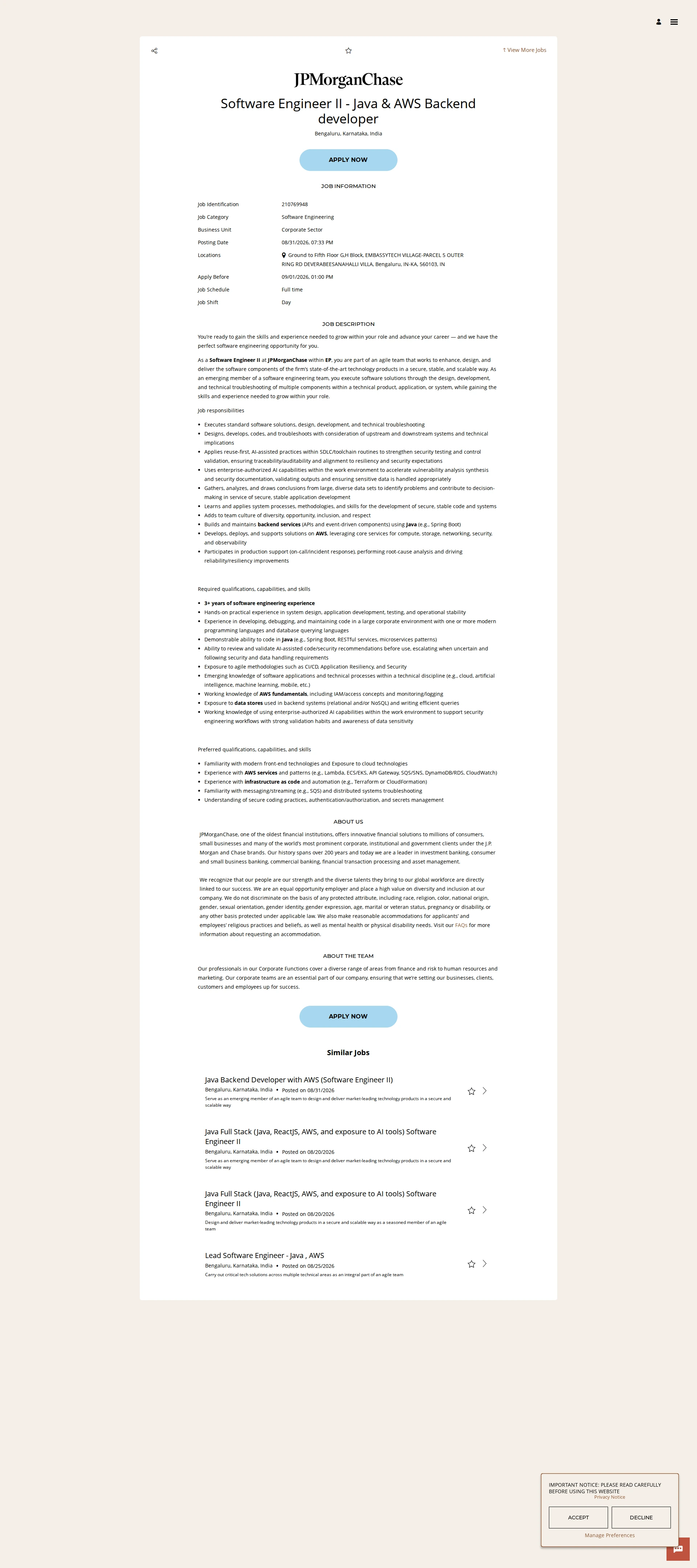 JPMorganChase Software Engineer II - Java & AWS  Backend developer 채용공고