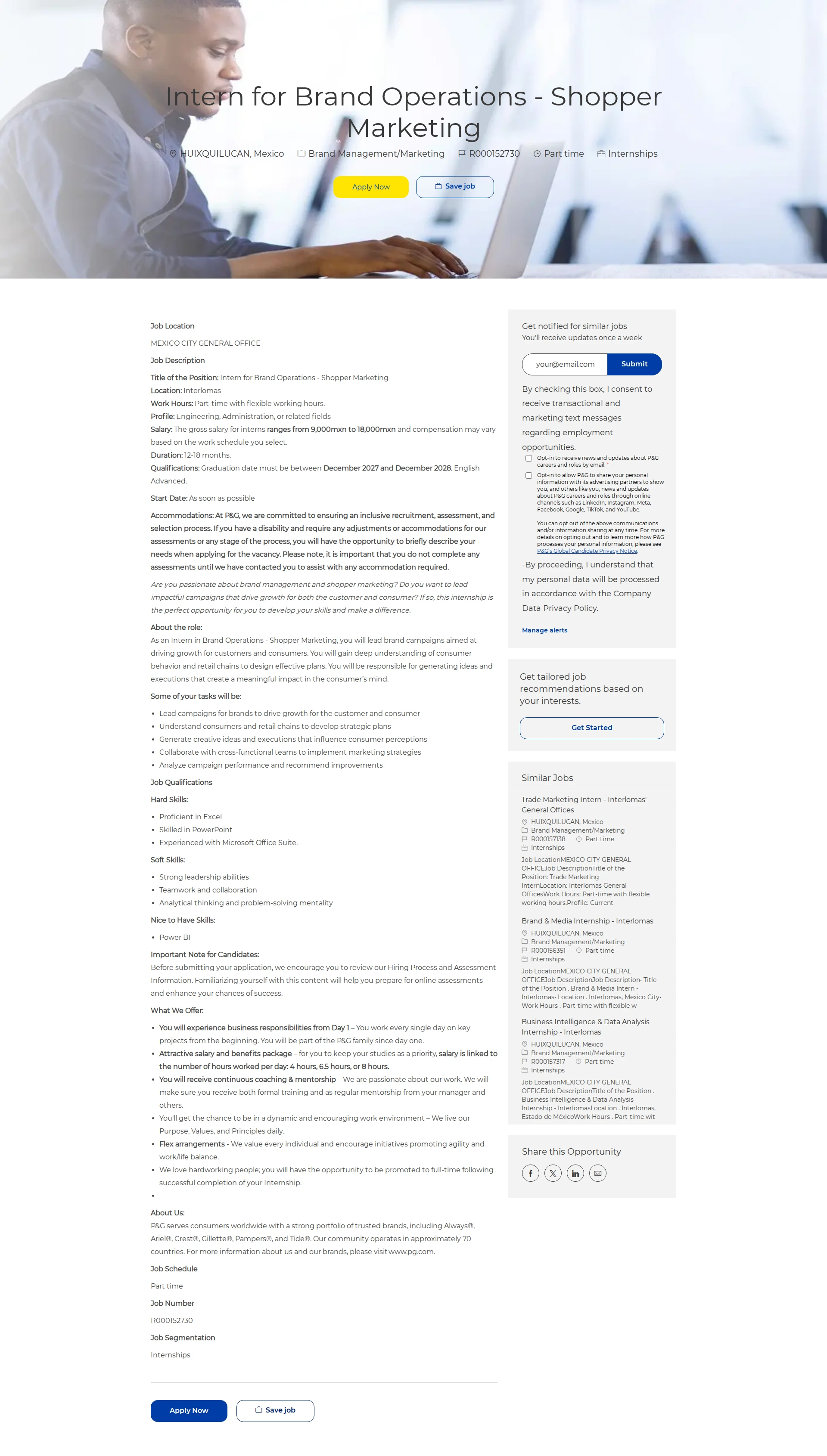 P&G Intern for Brand Operations - Shopper Marketing 채용공고