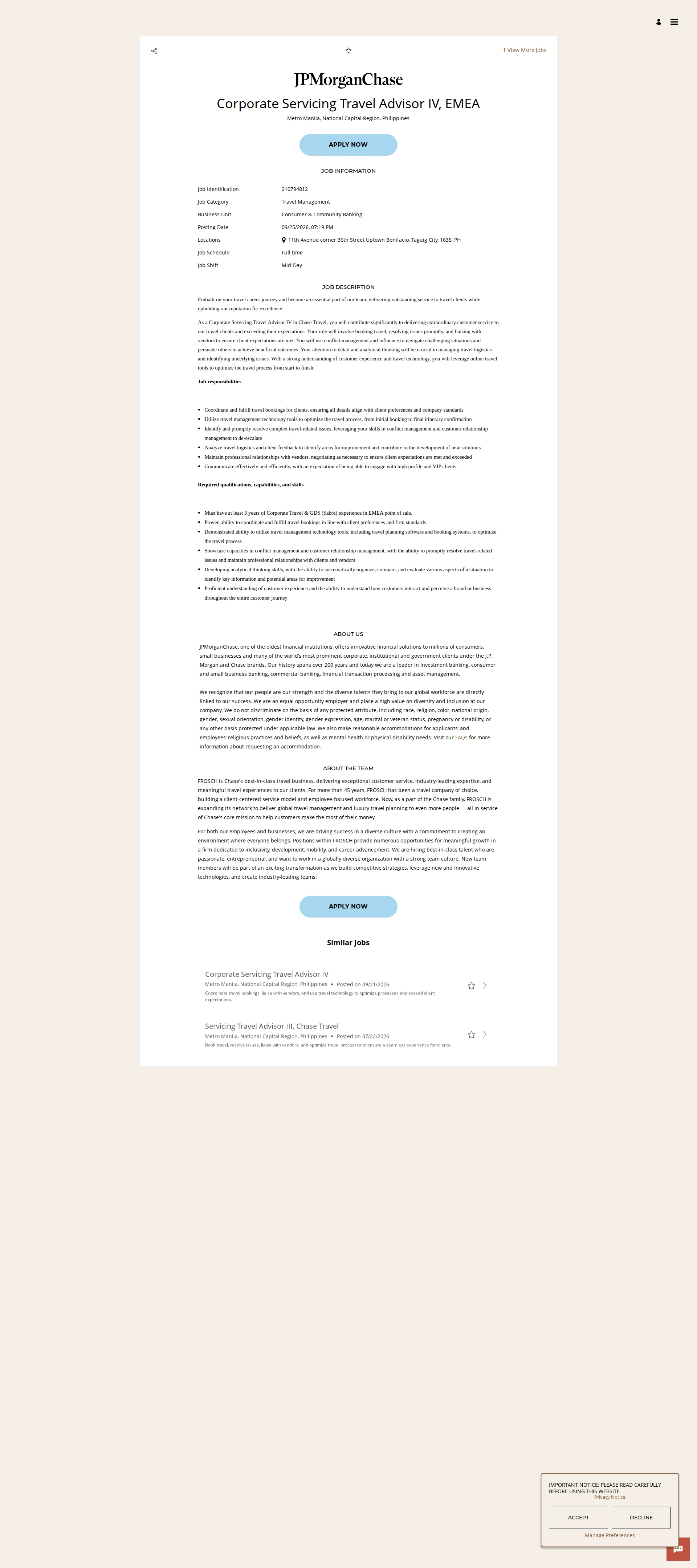 JPMorganChase Corporate Servicing Travel Advisor IV, EMEA 채용공고