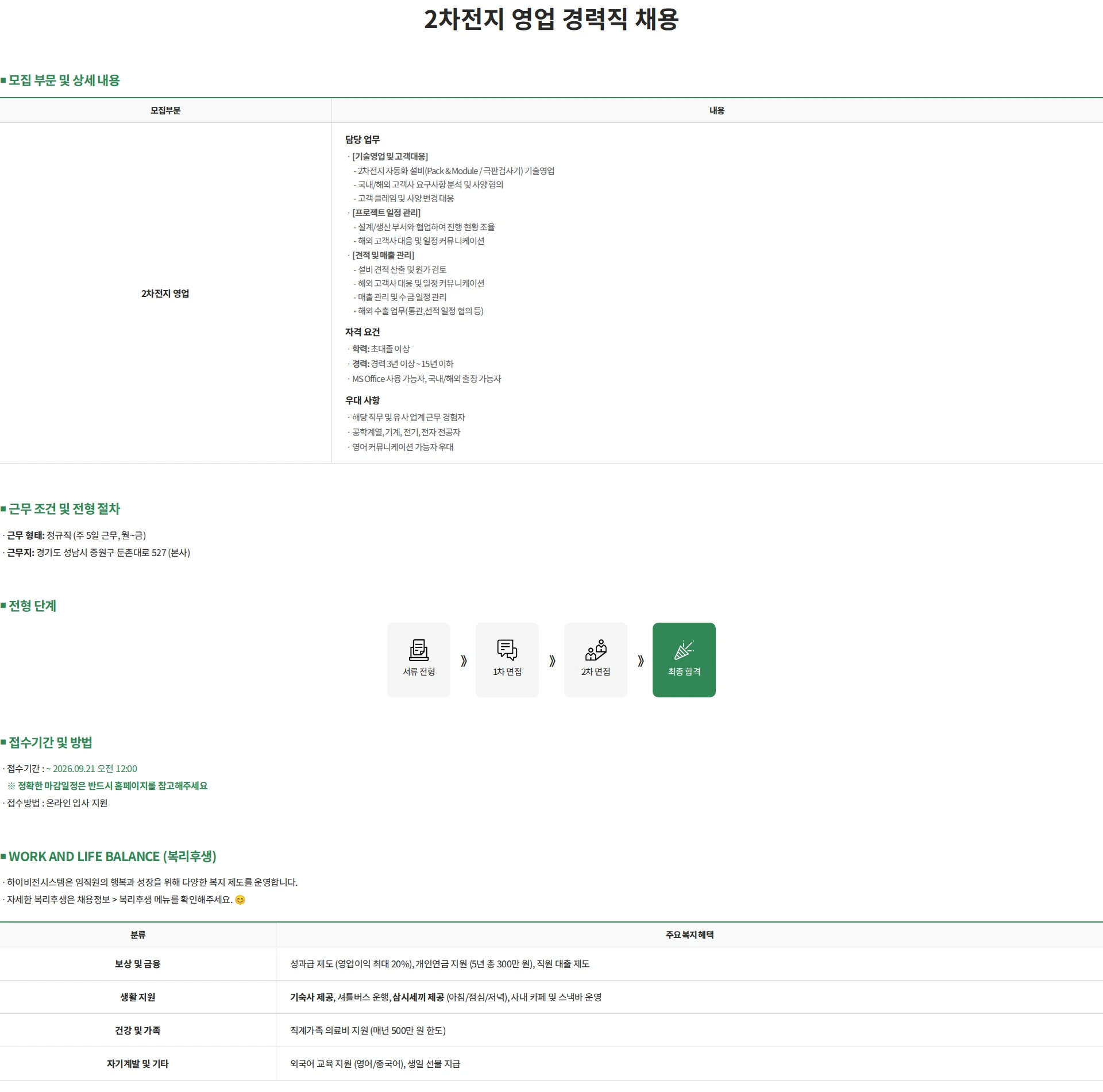 하이비젼시스템 2차전지 영업 경력직 채용 채용공고