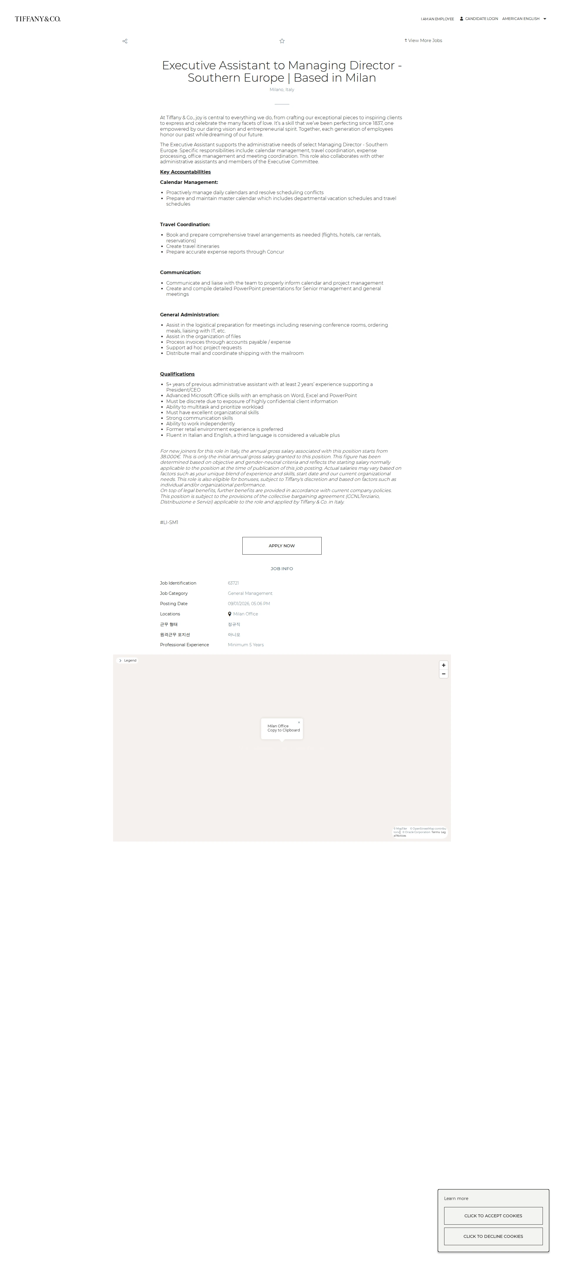 티파니앤코 Executive Assistant to Managing Director - Southern Europe | Based in Milan 채용공고