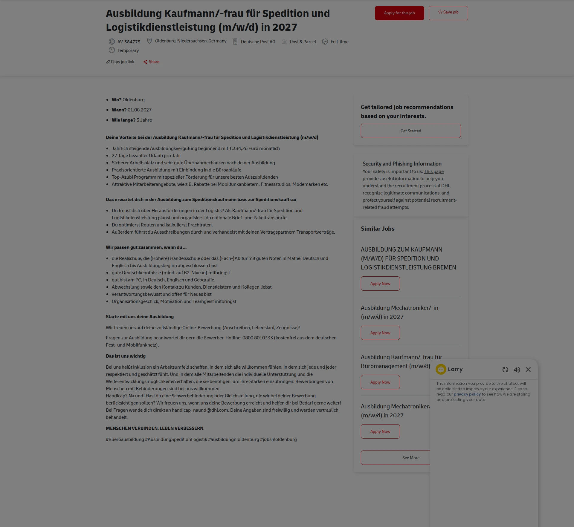 DHL Ausbildung Kaufmann/-frau für Spedition und Logistikdienstleistung (m/w/d) in 2027 채용공고
