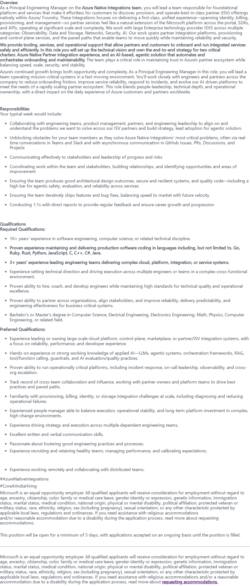 마이크로소프트(Microsoft) Principal Software Engineering Manager 채용공고