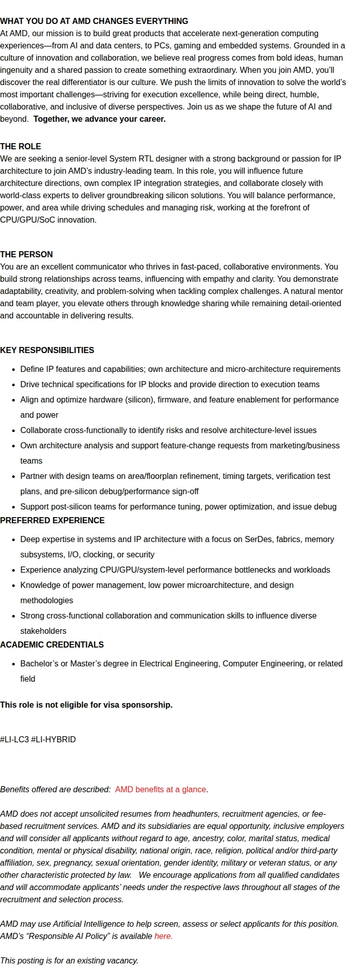 AMD Sr. System RTL Designer/Serdes Architect 채용공고