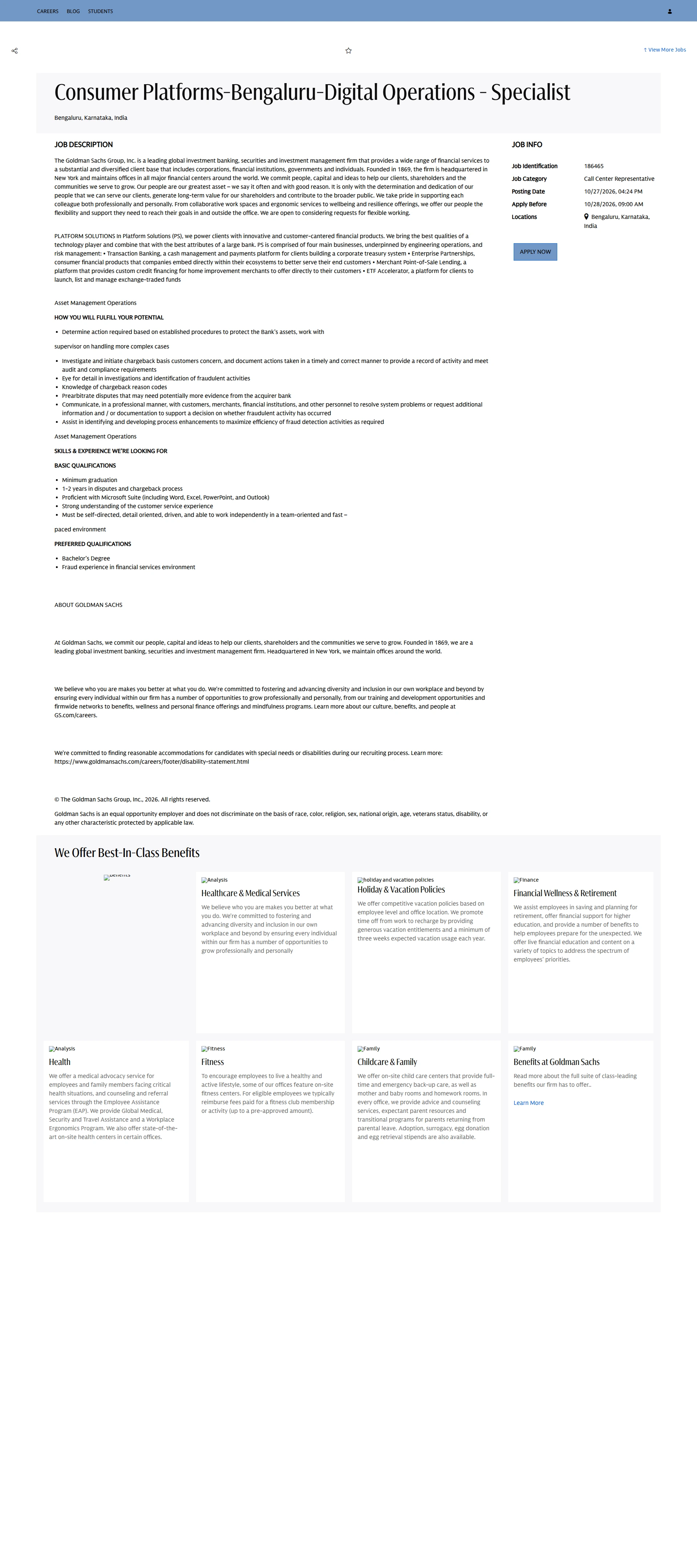 골드만삭스 Consumer Platforms-Bengaluru-Digital Operations - Specialist 채용공고