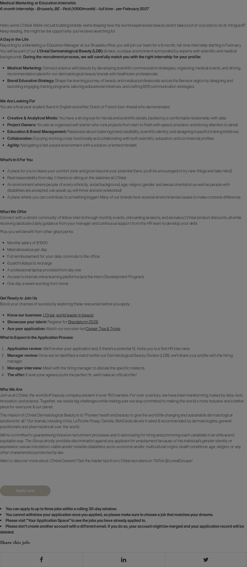 로레알(L'Oreal) Internship Medical Marketing (Paid) - February 2027 채용공고