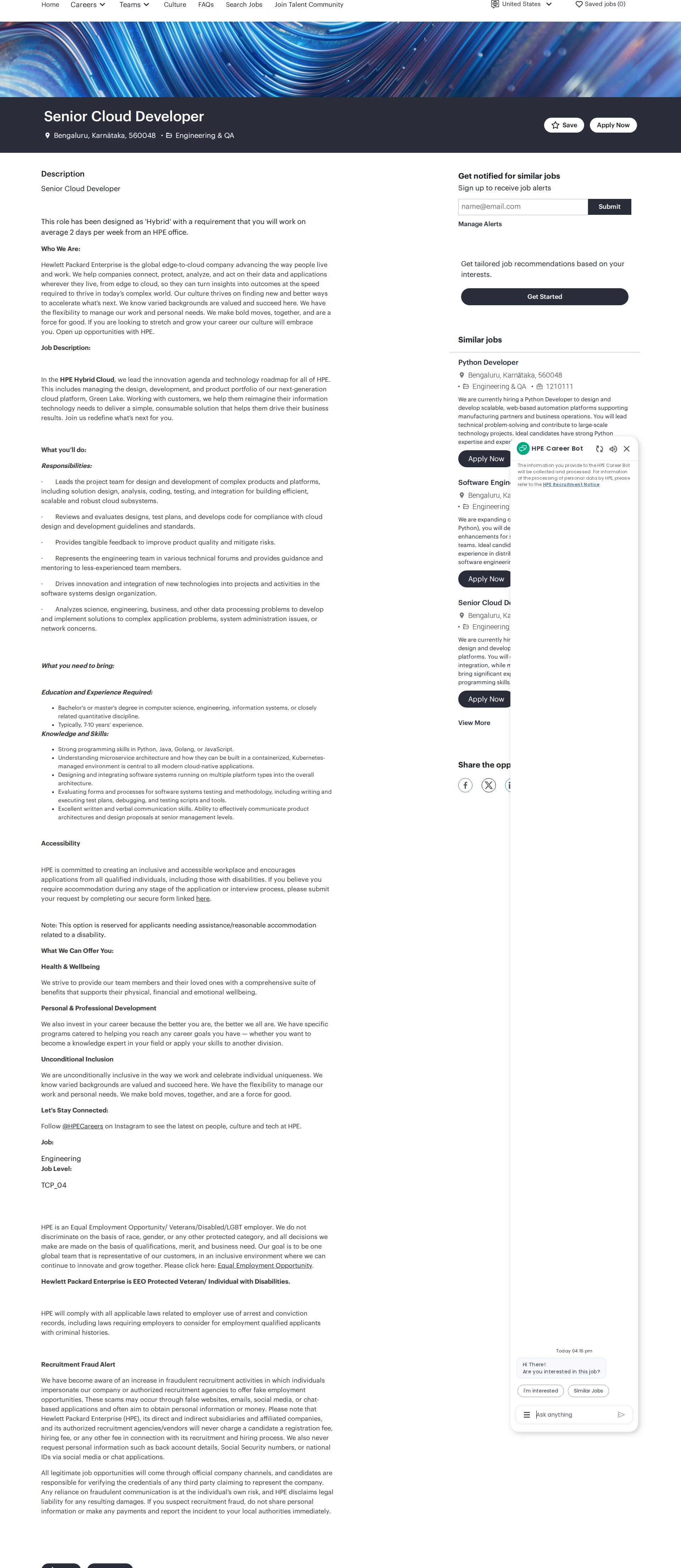 HP Senior Cloud Developer 채용공고