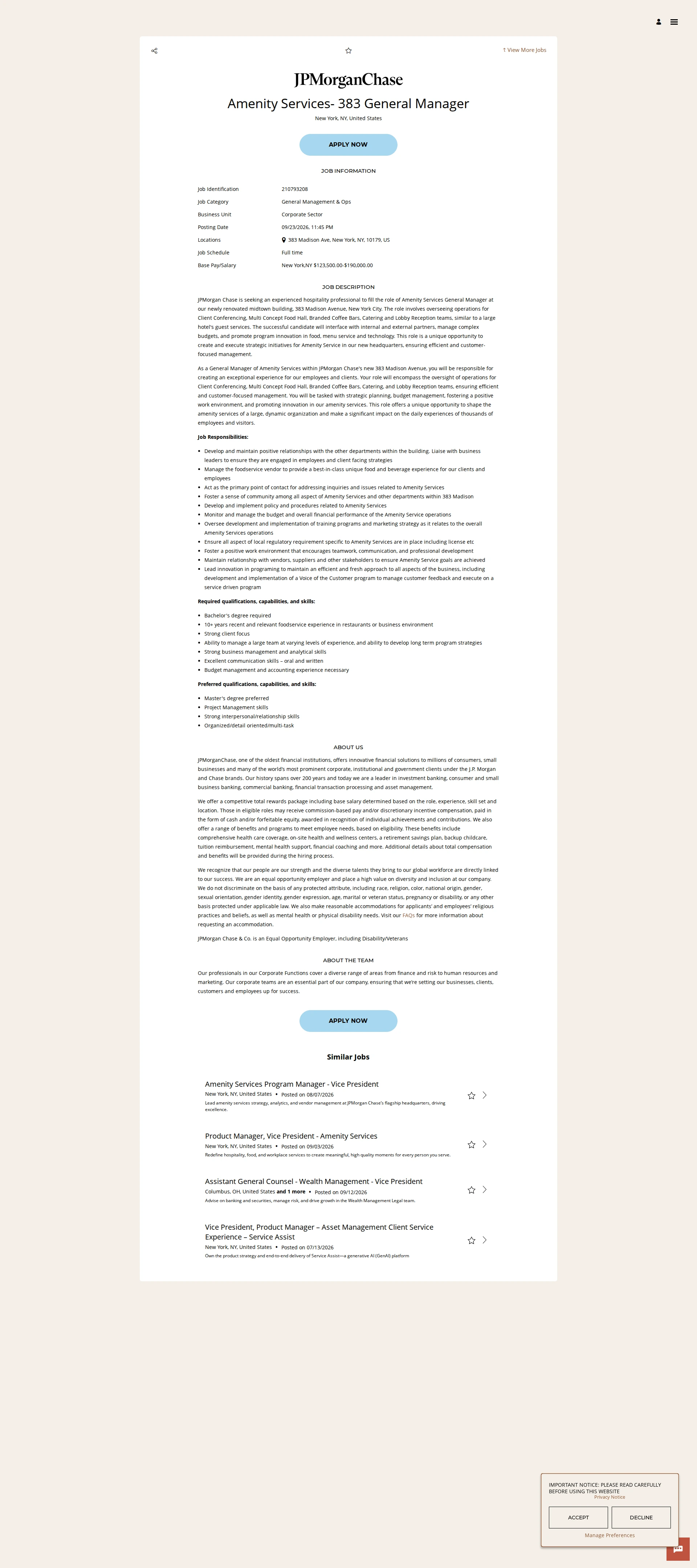 JPMorganChase Amenity Services- 383 General Manager 채용공고