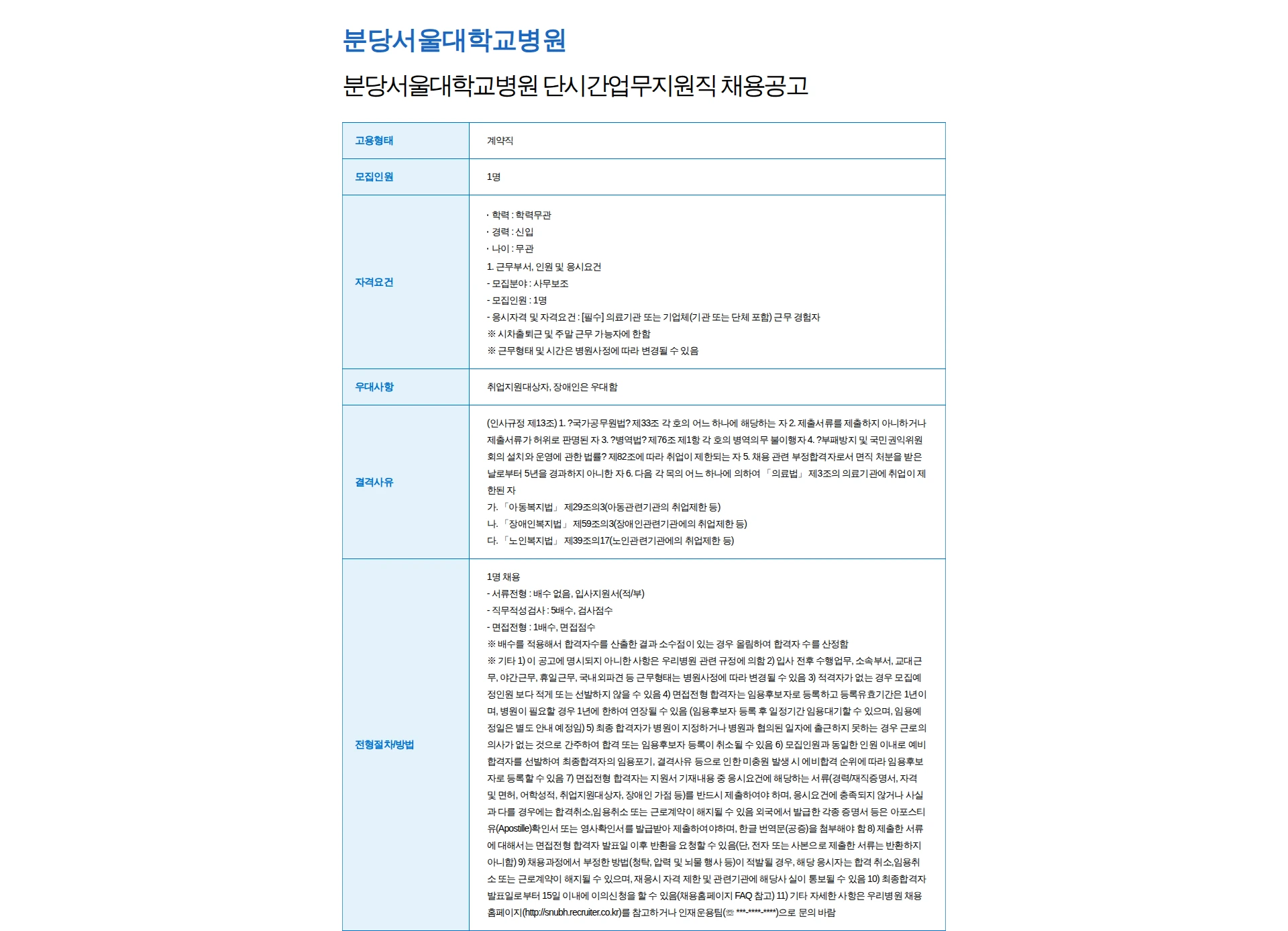 분당서울대학교병원 분당서울대학교병원 단시간업무지원직 채용공고 채용공고