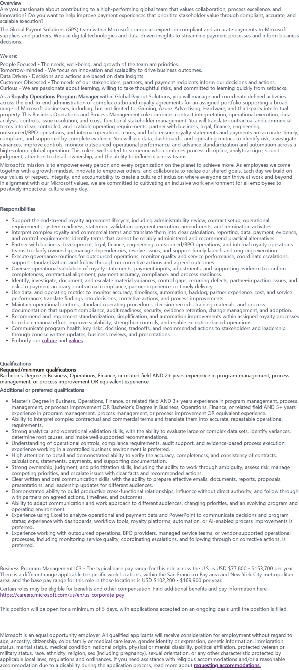 마이크로소프트(Microsoft) Royalty Operations Program Manager, Global Payout Solutions 채용공고