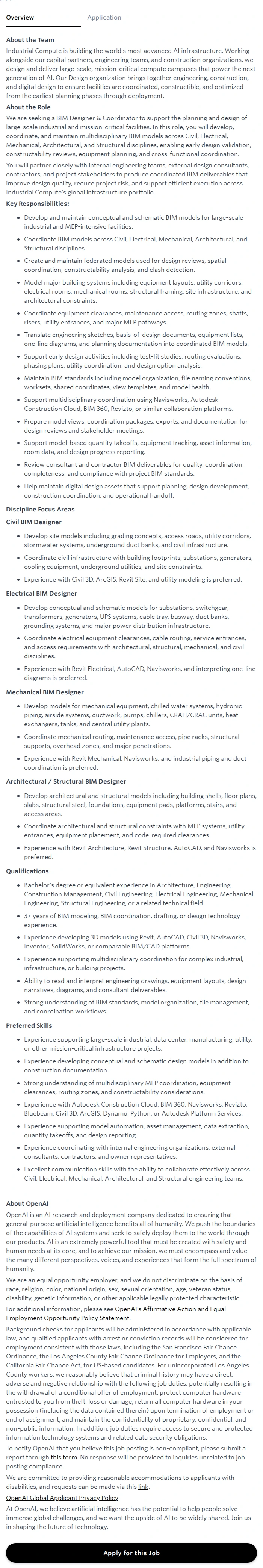 오픈에이아이(OpenAI) BIM Designer & Coordinator 채용공고