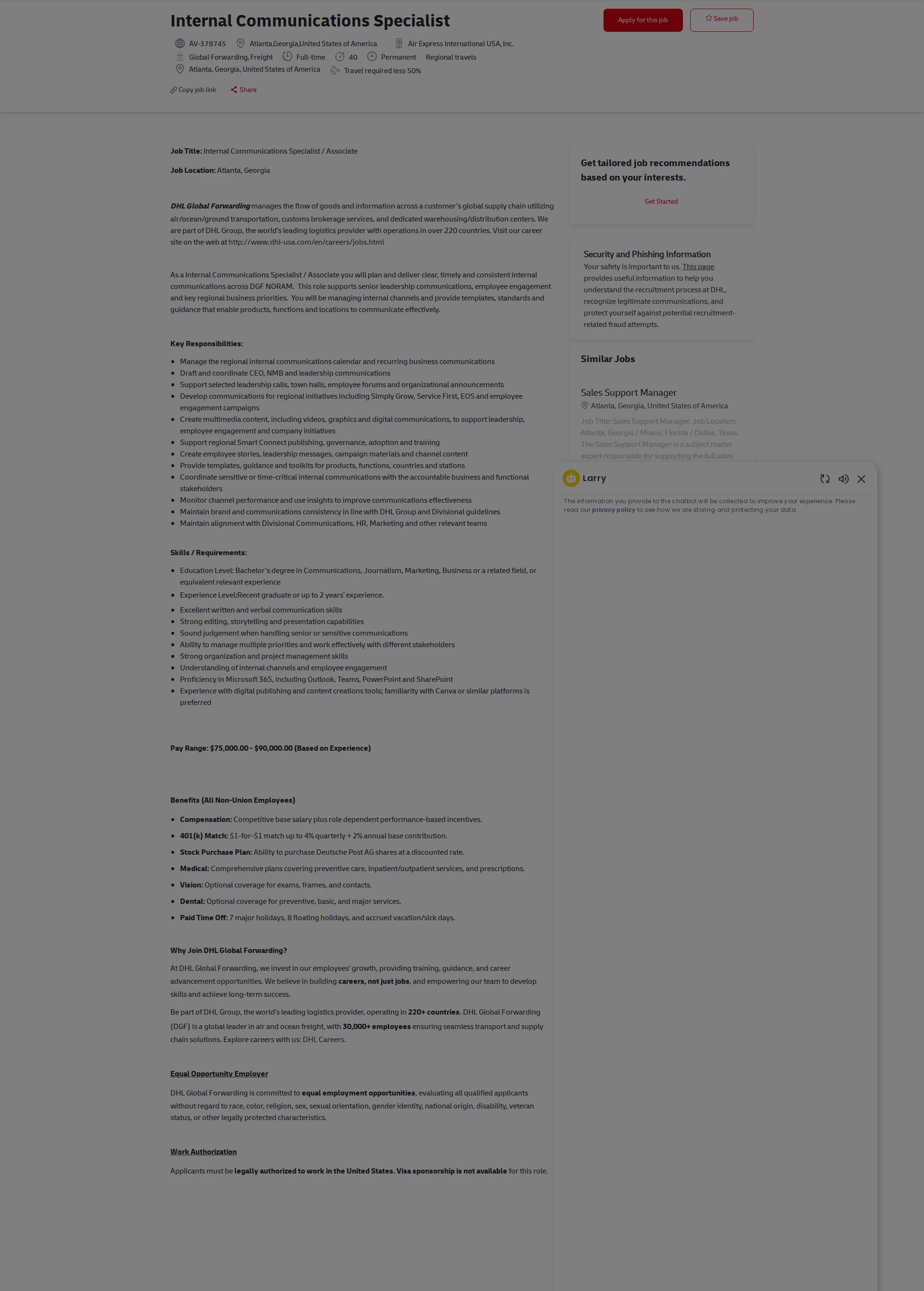 DHL Internal Communications Specialist 채용공고