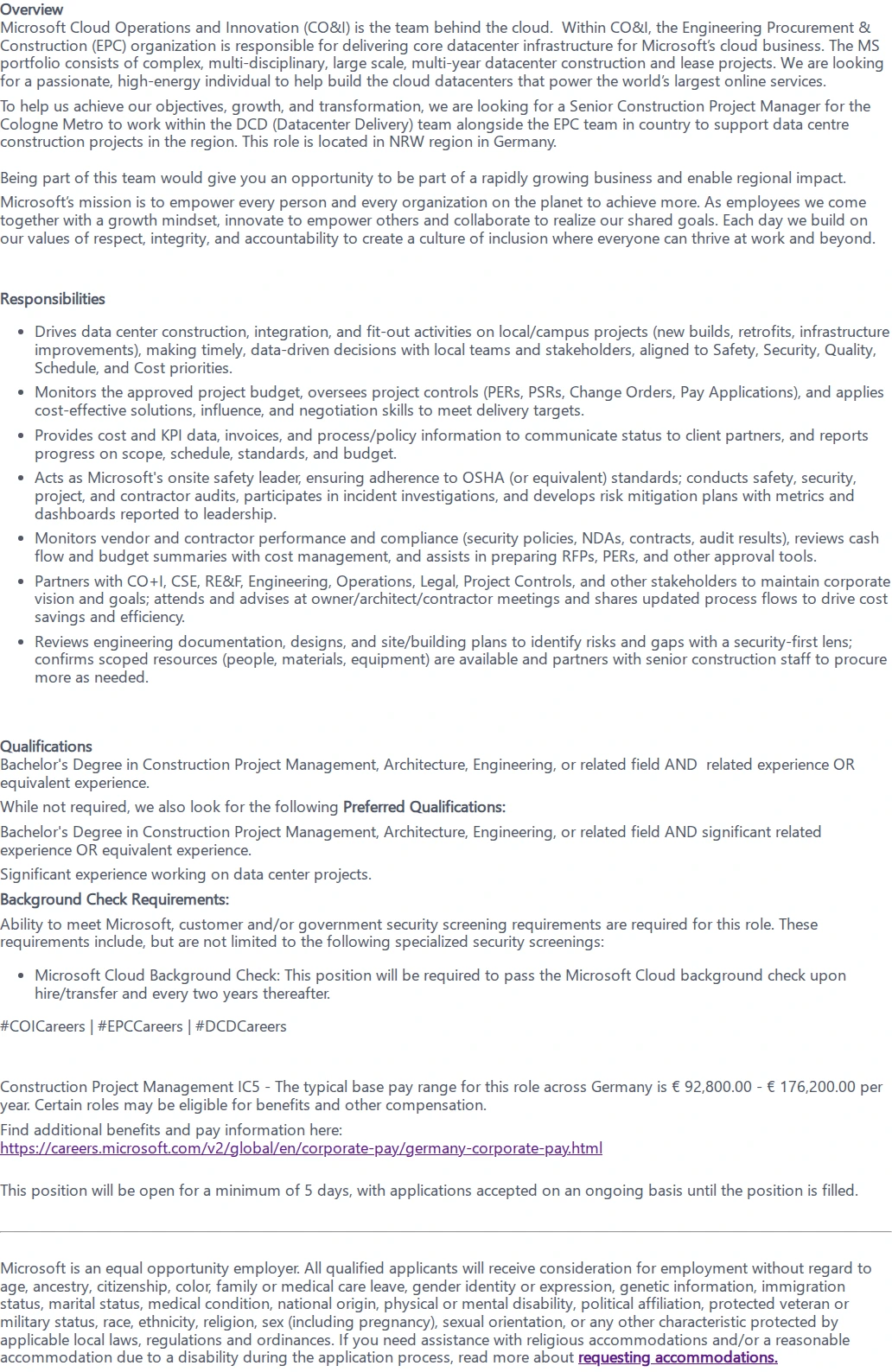 마이크로소프트(Microsoft) Senior Construction Project Manager 채용공고
