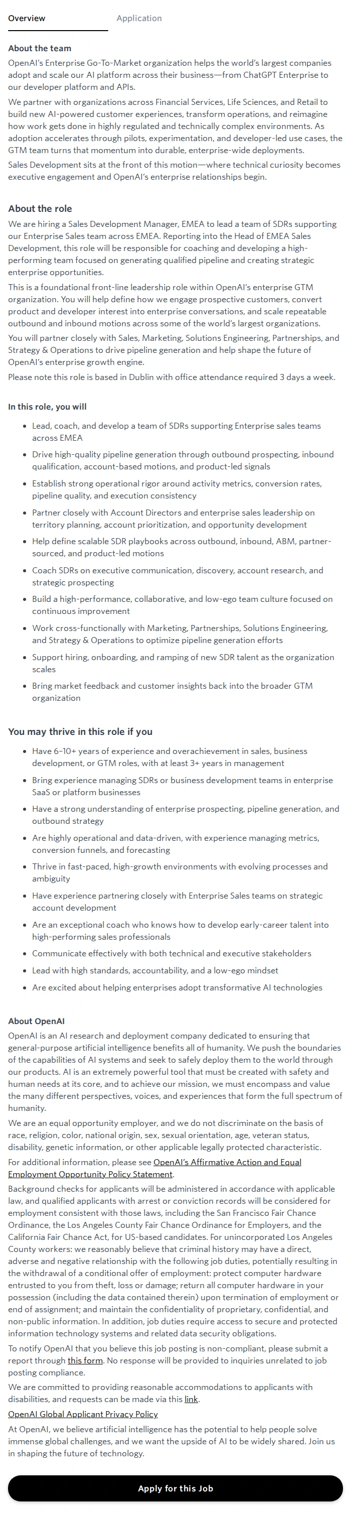오픈에이아이(OpenAI) Manager, Sales Development 채용공고
