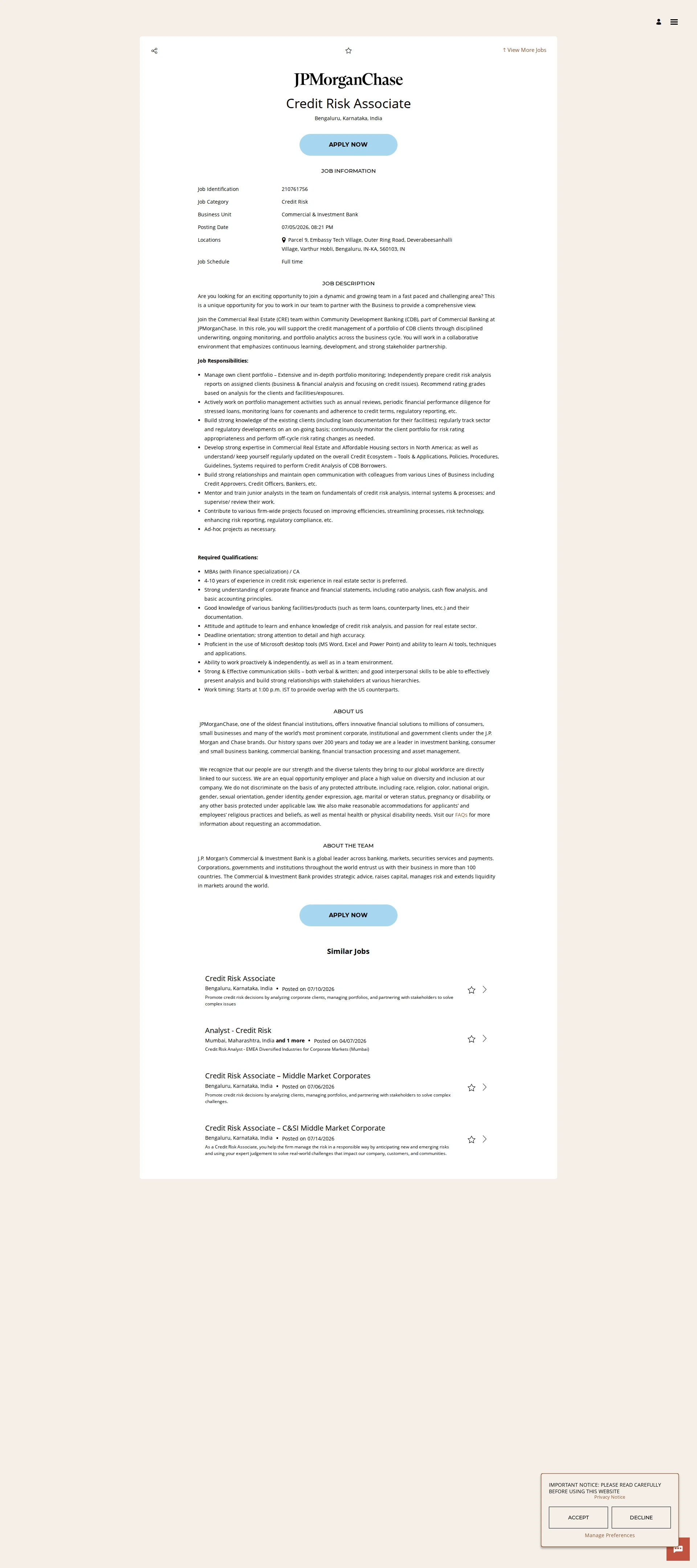 JPMorganChase Credit Risk Associate 채용공고