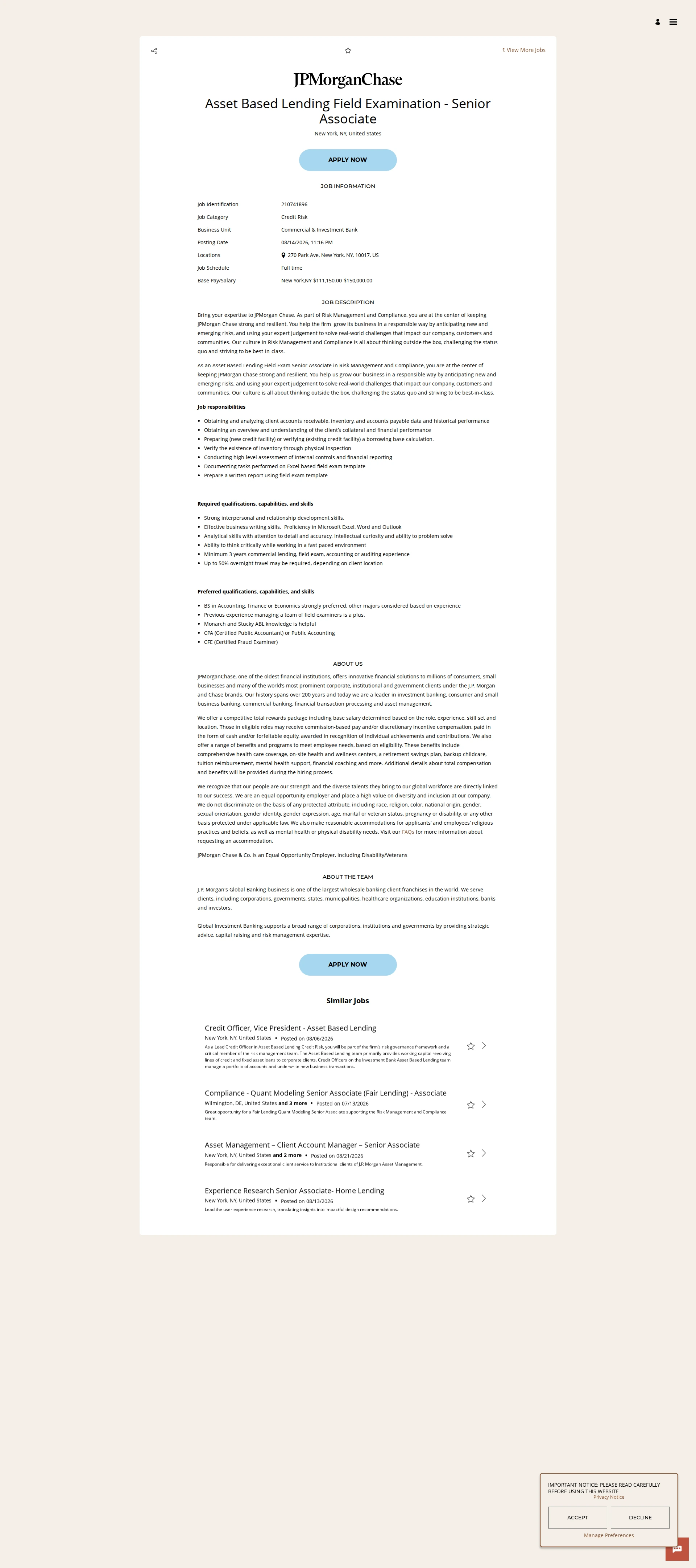 JPMorganChase Asset Based Lending Field Examination - Senior Associate 채용공고