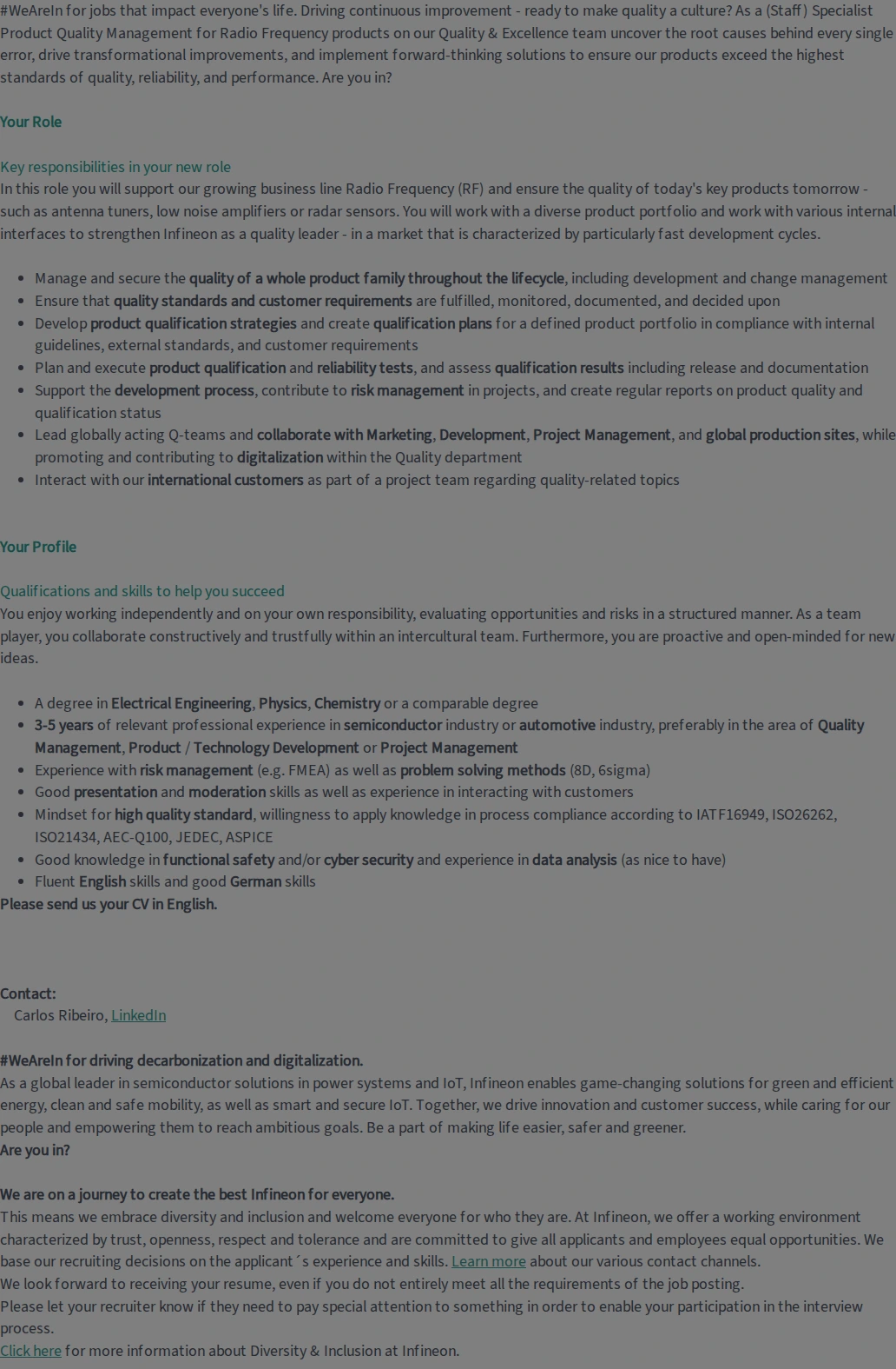 인피니언테크놀로지스코리아 Specialist Product Quality Management for Radio Frequency products (f/m/div) 채용공고