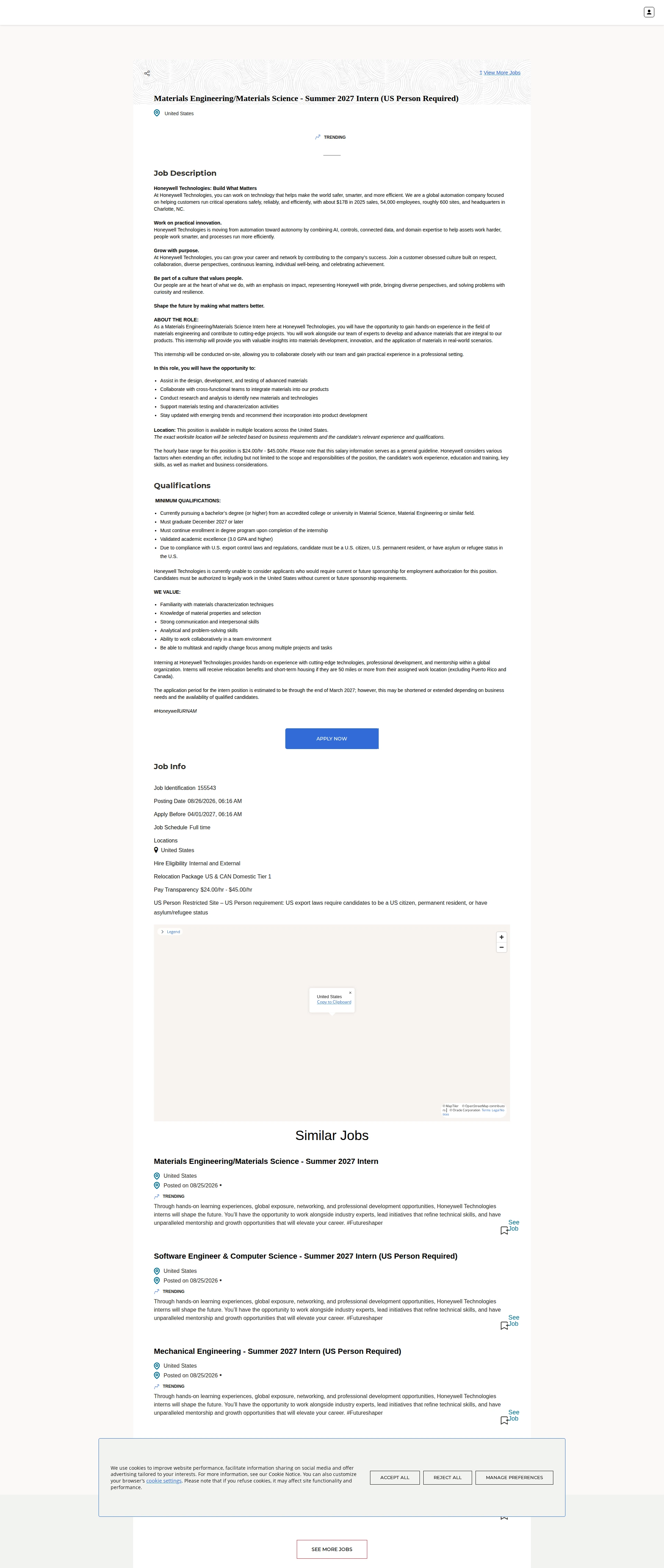허니웰 Materials Engineering/Materials Science - Summer 2027 Intern (US Person Required) 채용공고