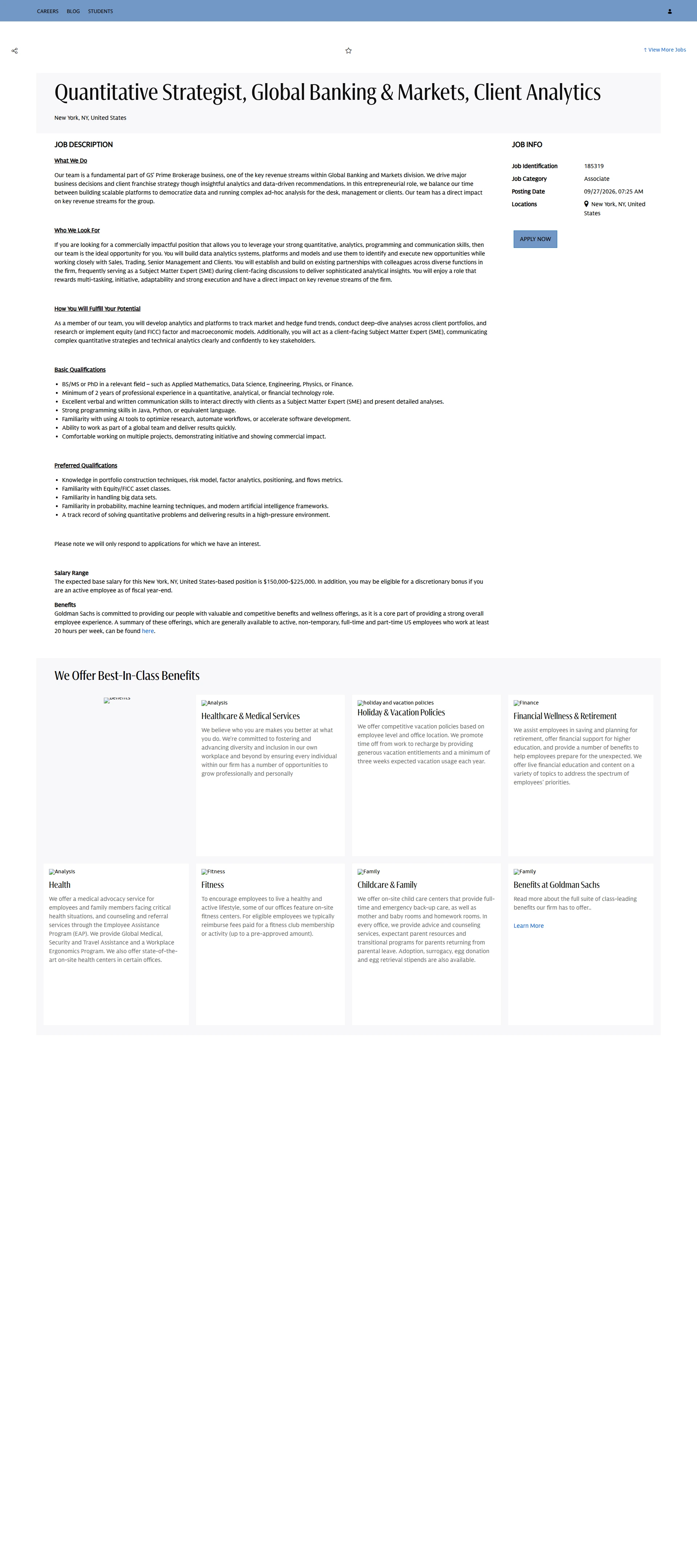 골드만삭스 Quantitative Strategist, Global Banking & Markets, Client Analytics 채용공고