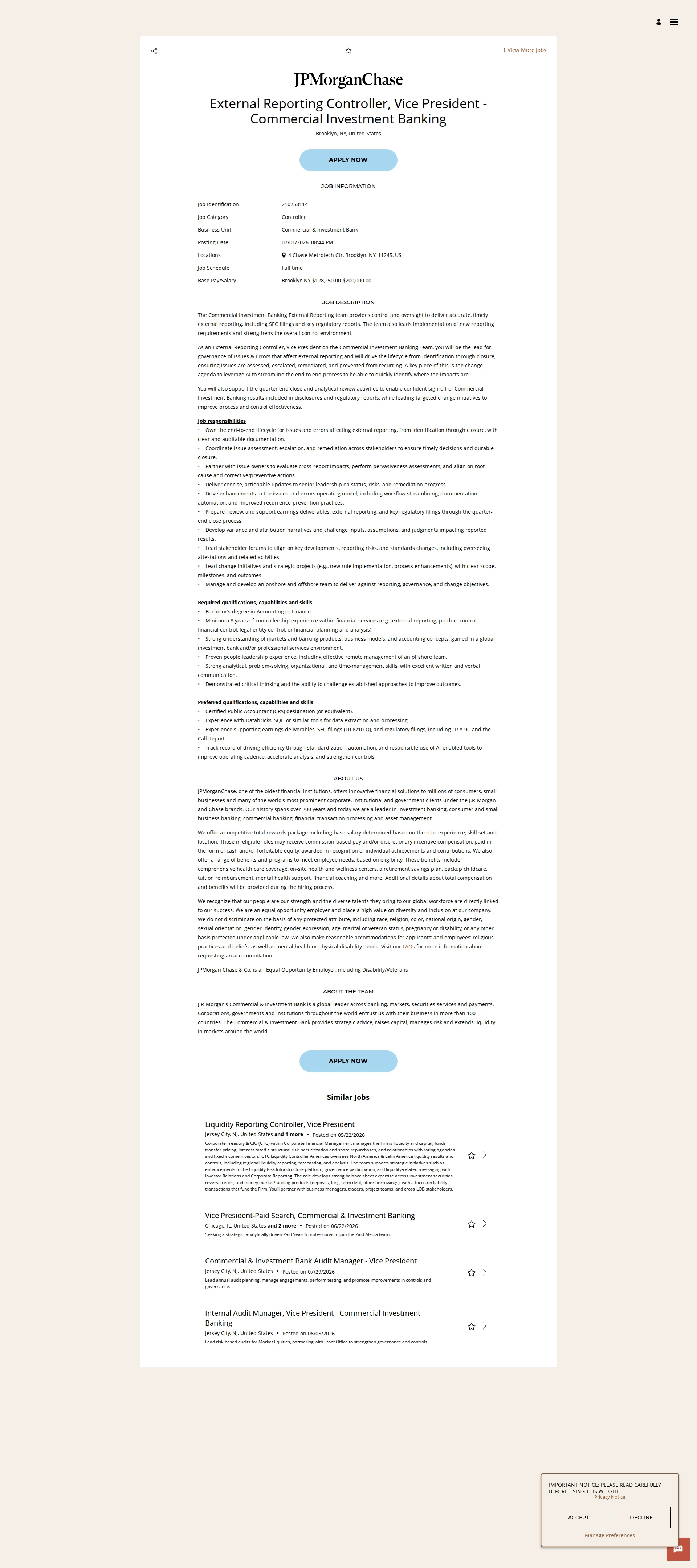 JPMorganChase External Reporting Controller, Vice President - Commercial Investment Banking 채용공고