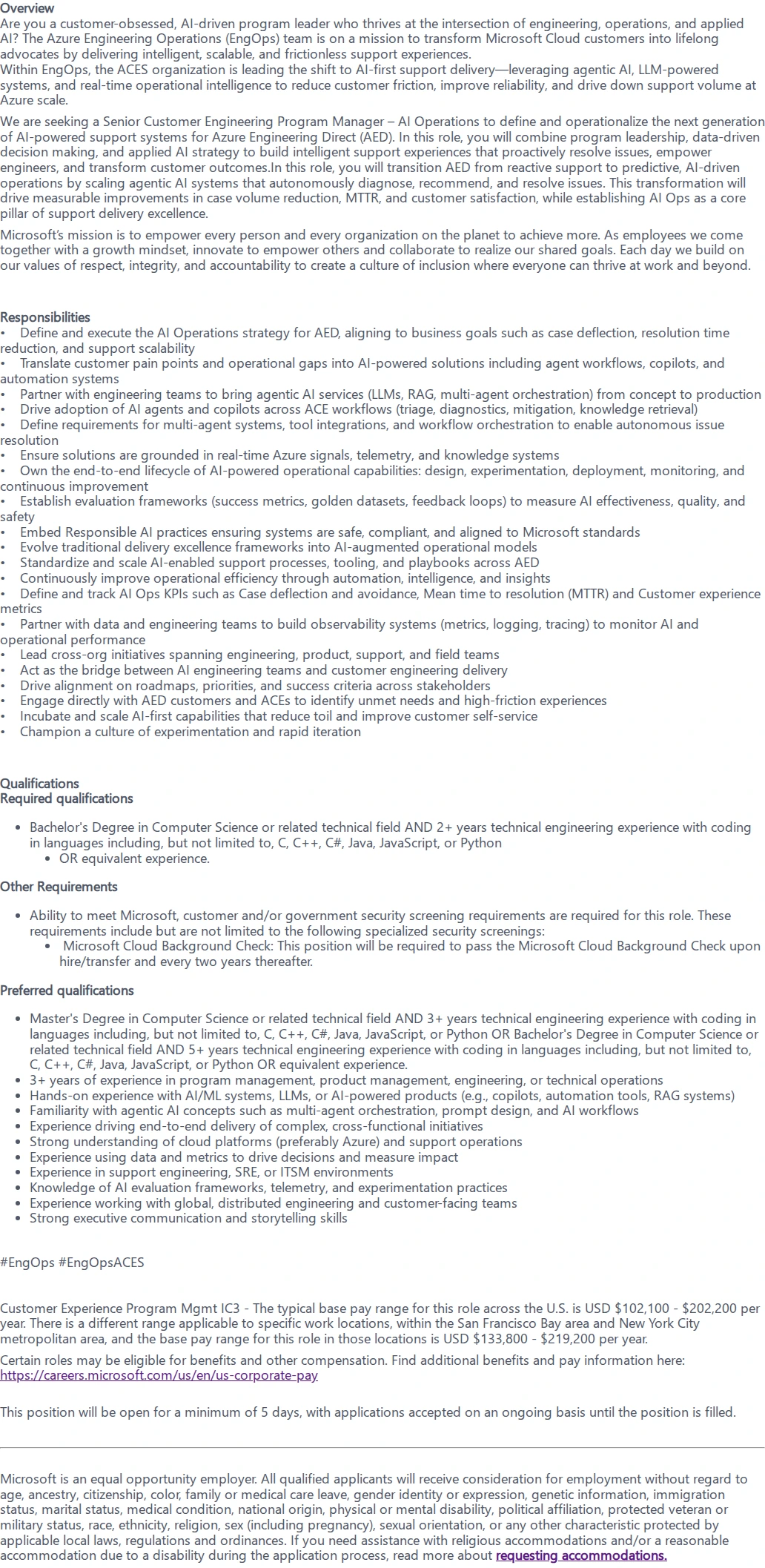 마이크로소프트(Microsoft) Customer Experience Program Manager 채용공고