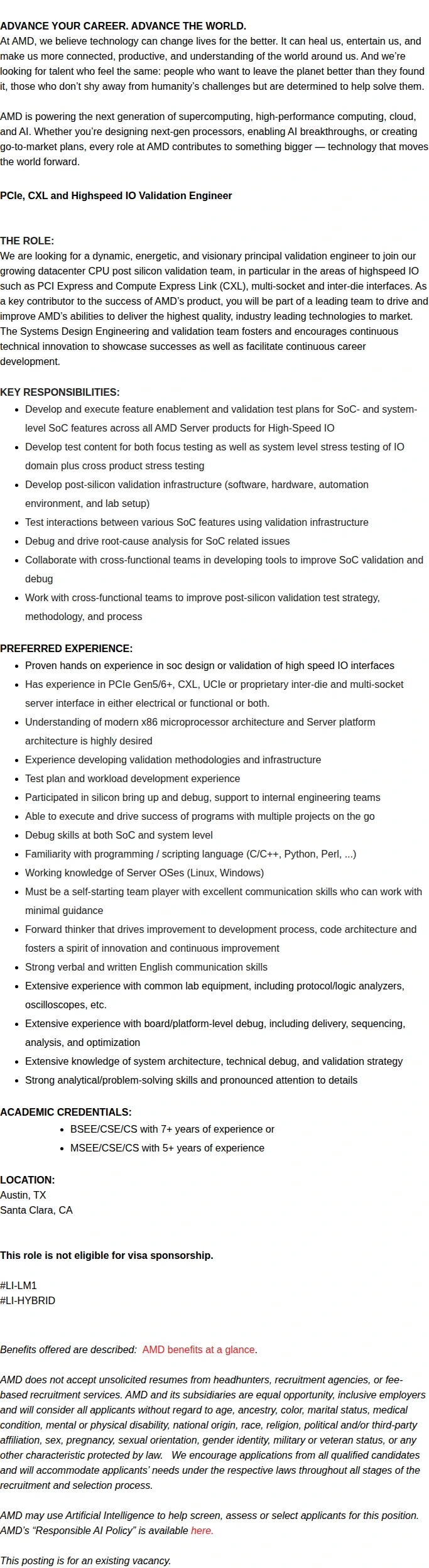 AMD PCIe, CXL and Highspeed IO Validation Engineer 채용공고