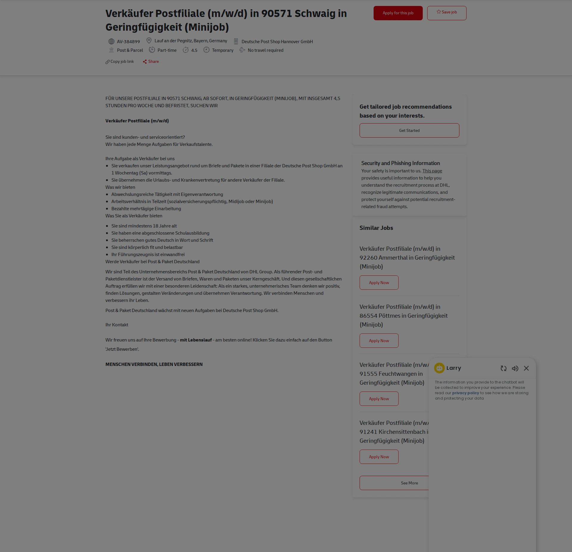 DHL Verkäufer Postfiliale (m/w/d) in 90571 Schwaig in Geringfügigkeit (Minijob) 채용공고