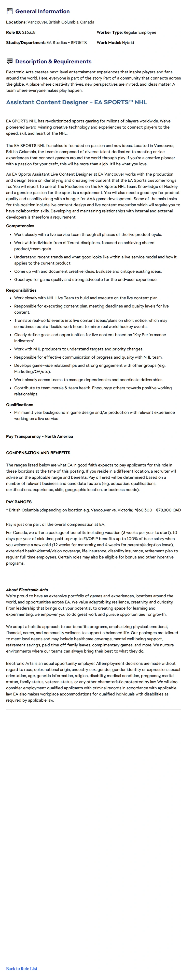 ElectronicArts Assistant Content Designer - EA SPORTS™ NHL 채용공고