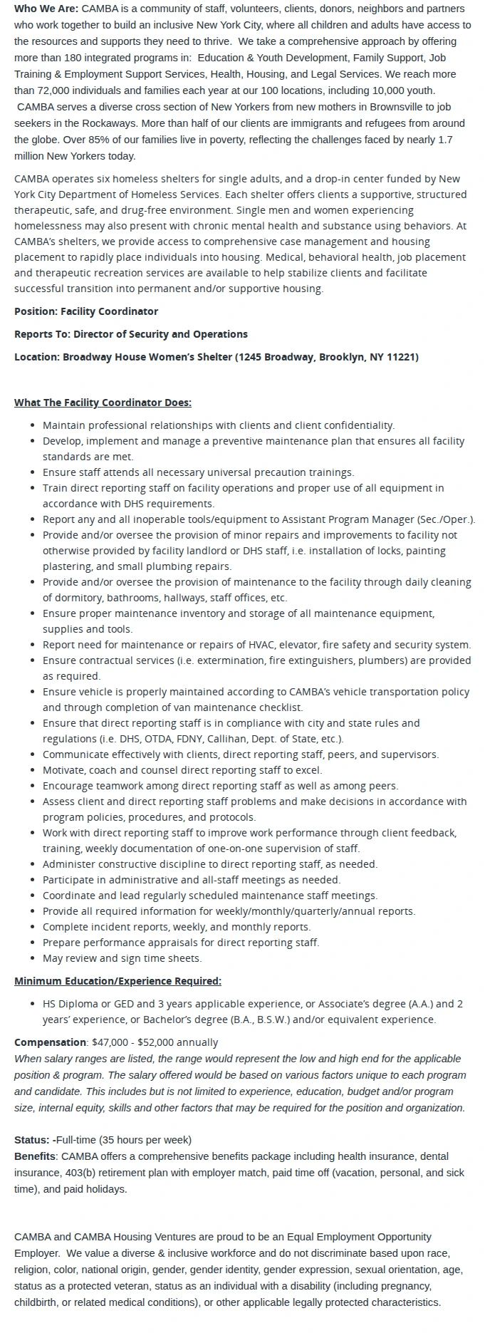 CAMBA Facility Coordinator, Broadway House Women’s Shelter 채용공고