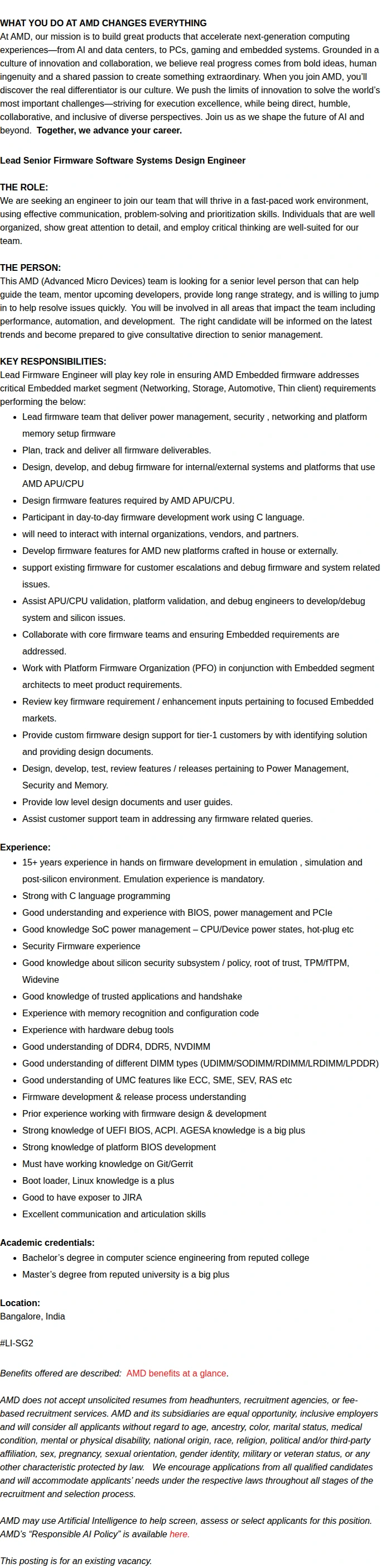 AMD Lead Firmware - Software System Design Eng. 채용공고
