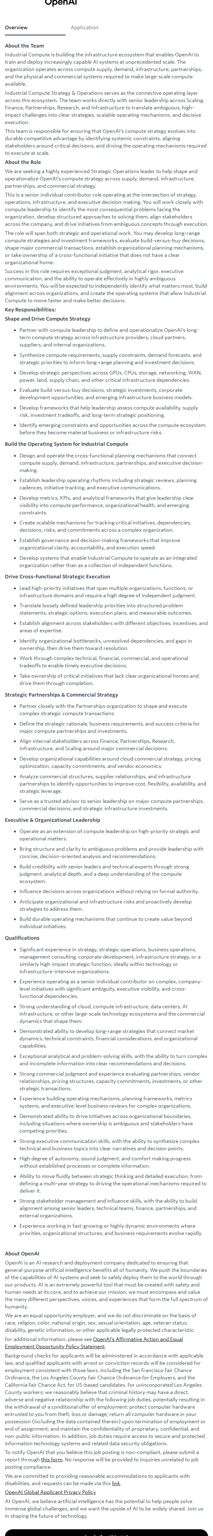 오픈에이아이(OpenAI) Strategic Operations, Industrial Compute 채용공고